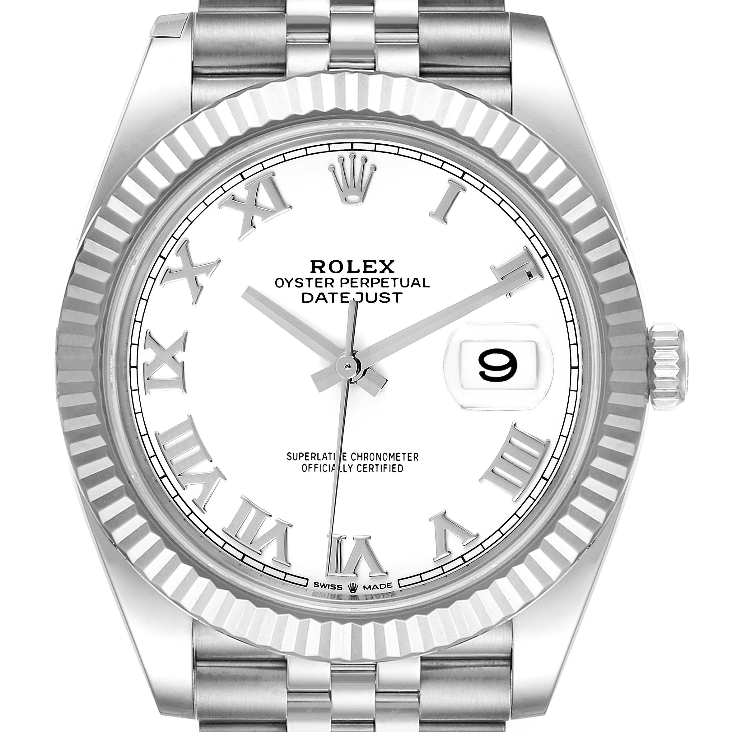 This is a front view of a Rolex Datejust 41 126334 Men's Stainless Steel White Dial 126334 Men's Stainless Steel White Dial watch, highlighting its fluted bezel, white dial with Roman numerals, and Jubilee bracelet.