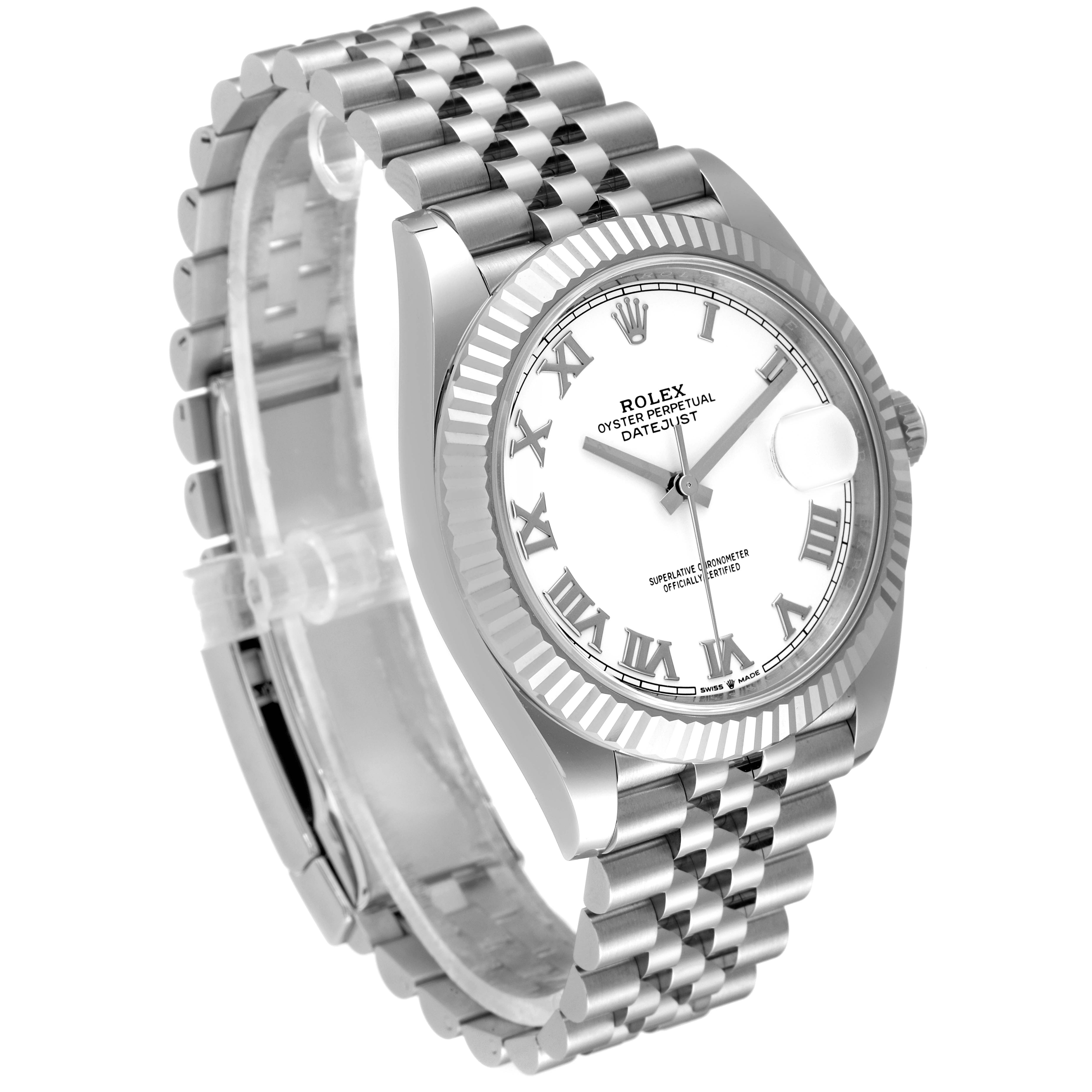 The image shows a Rolex Datejust 41 126334 Men's Stainless Steel White Dial 126334 Men's Stainless Steel White Dial watch at a slightly tilted side angle, highlighting its dial, fluted bezel, and jubilee bracelet.
