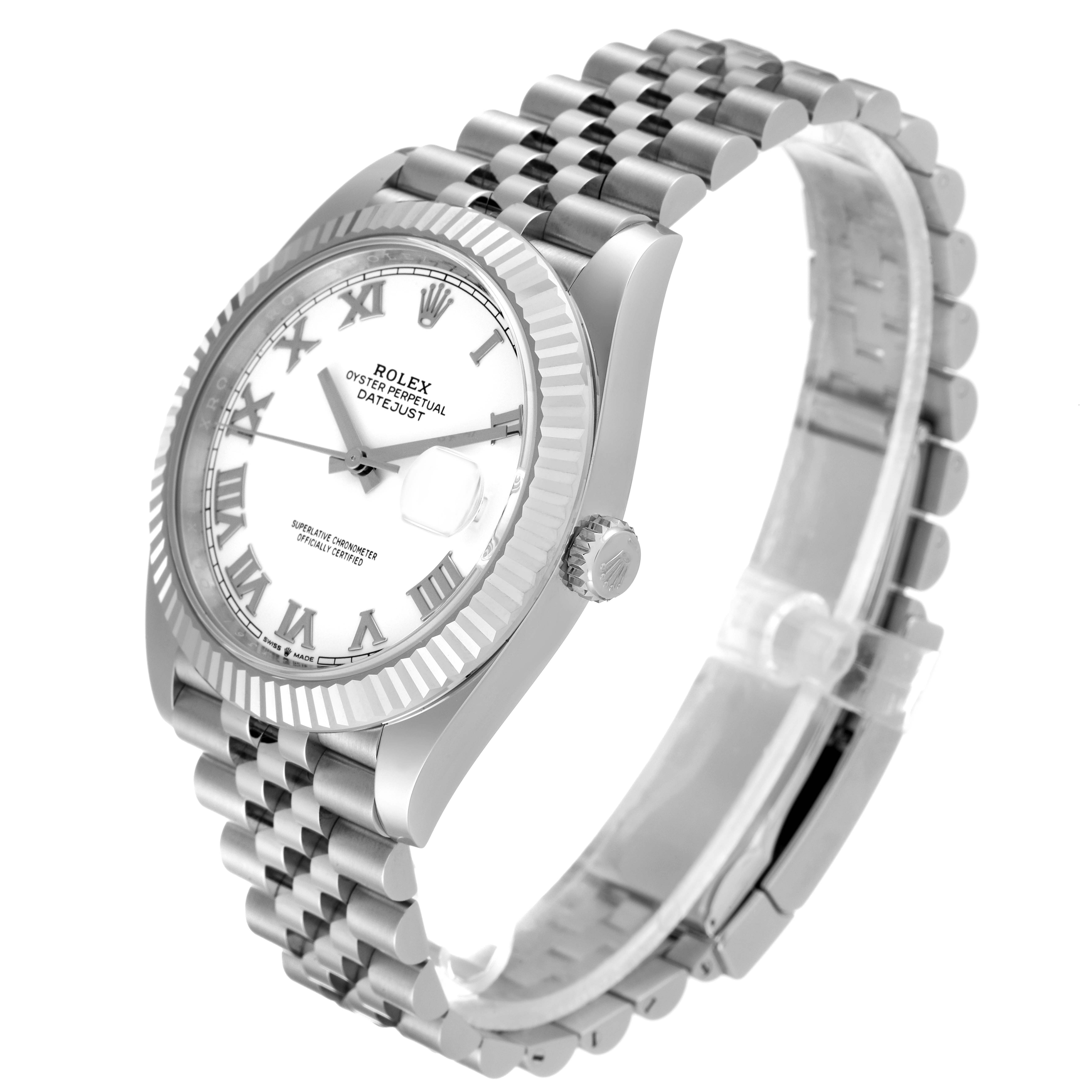 The Rolex Datejust 41 126334 Men's Stainless Steel White Dial 126334 Men's Stainless Steel White Dial is shown from a slight side angle, highlighting the dial, bezel, crown, and bracelet.