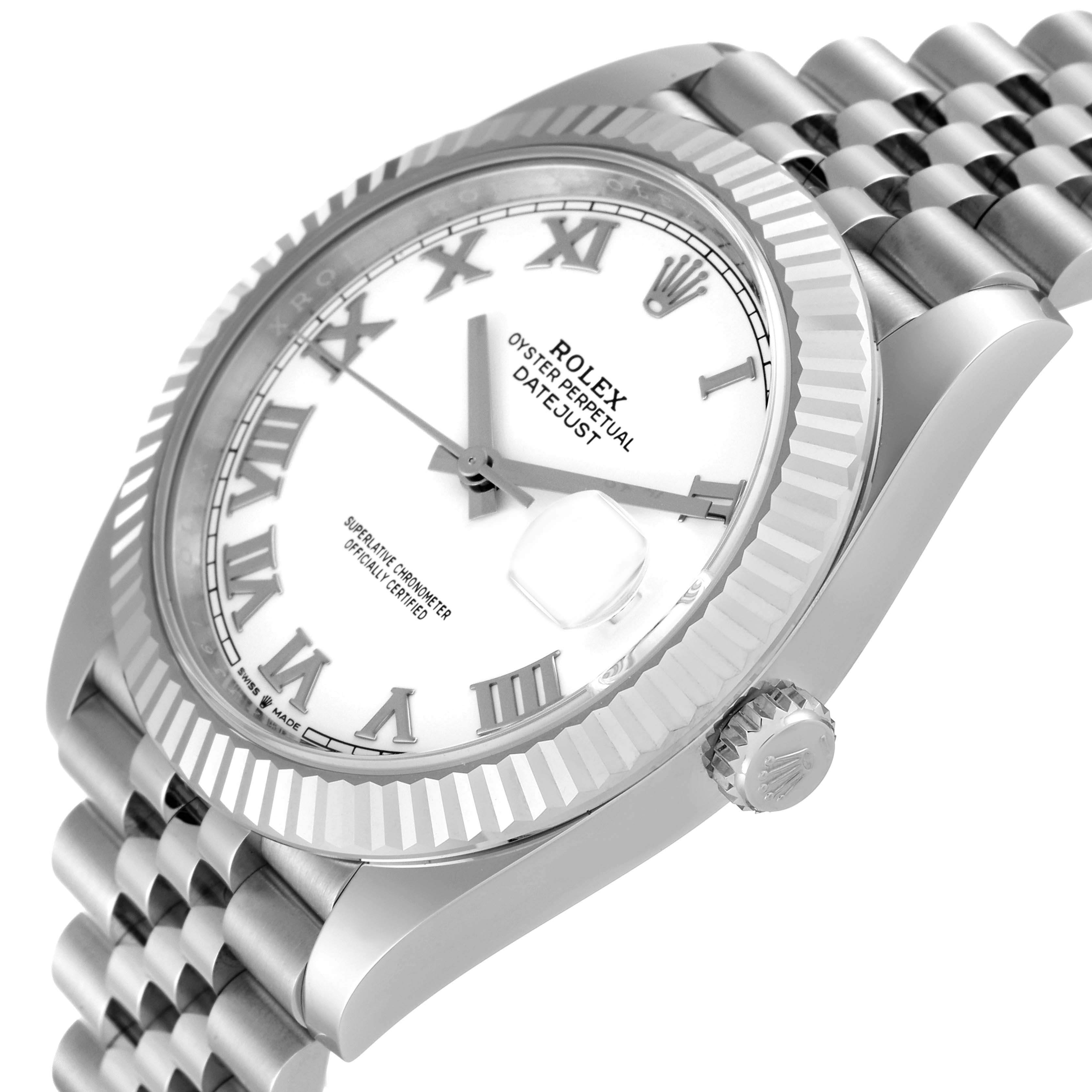 The Rolex Datejust 41 126334 Men's Stainless Steel White Dial 126334 Men's Stainless Steel White Dial watch is shown at an angled view, highlighting the dial, date window, bezel, and part of the bracelet.