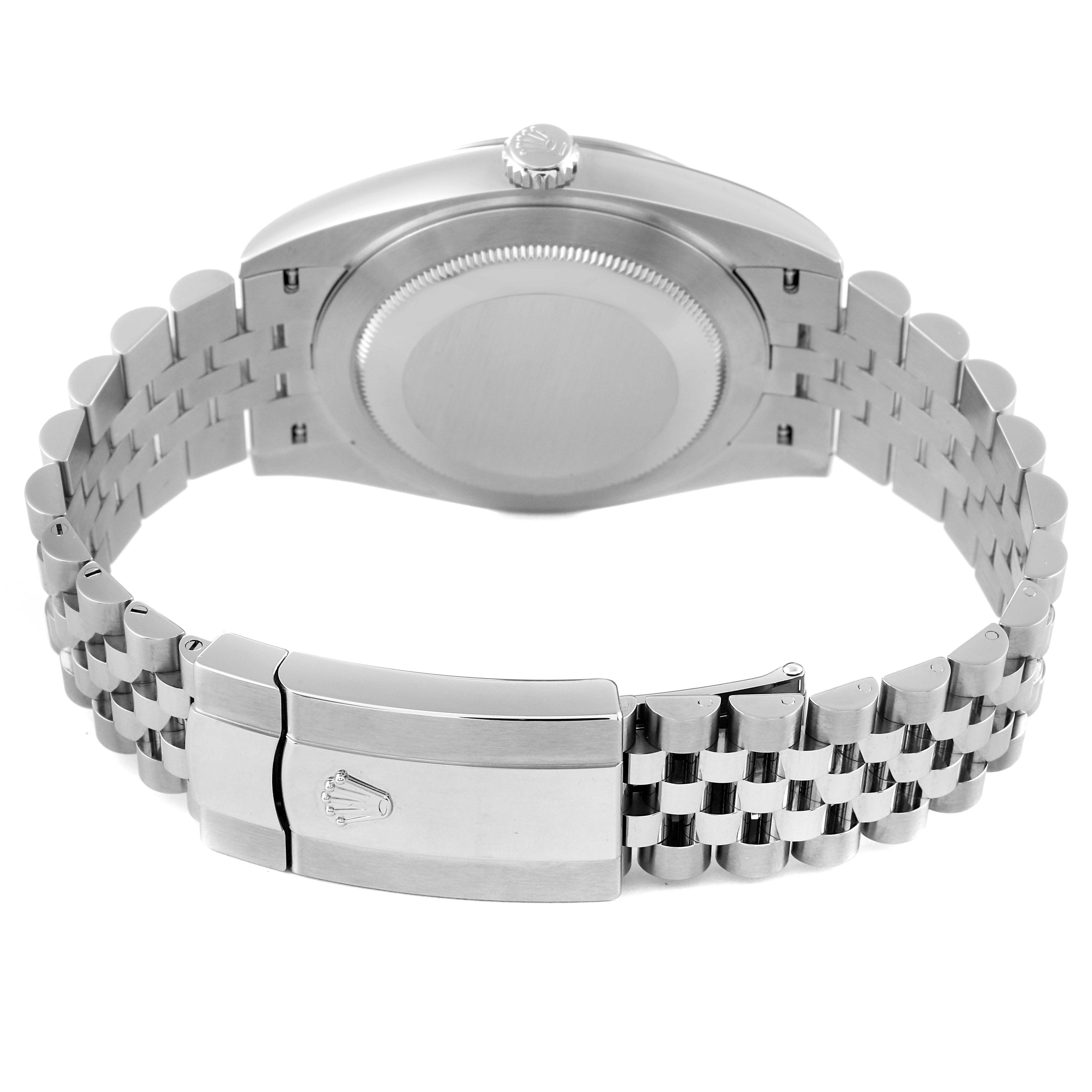 This image shows the back of a Rolex Datejust 41 126334 Men's Stainless Steel White Dial 126334 Men's Stainless Steel White Dial watch, focusing on the bracelet and clasp.