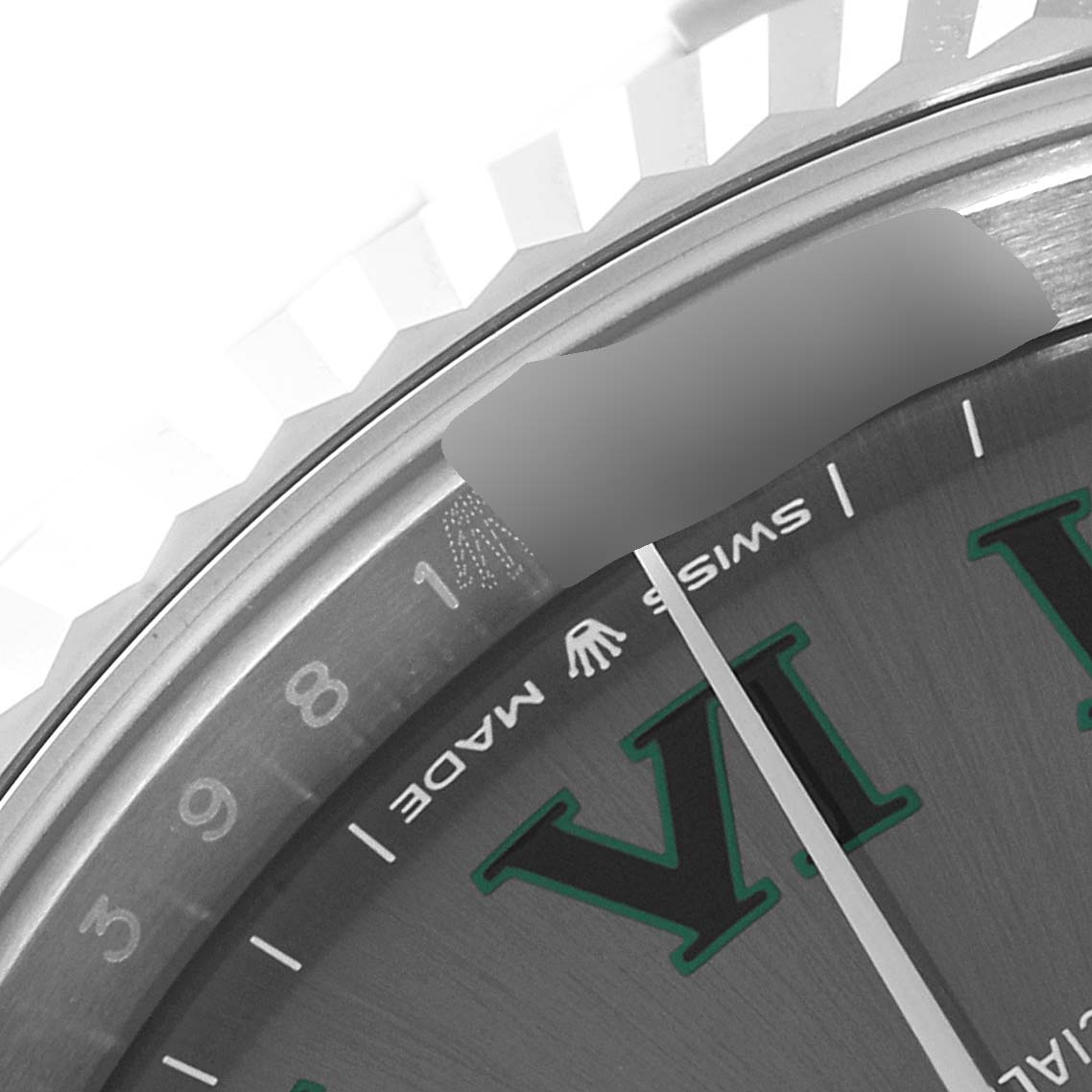 This close-up image shows the dial and bezel of the Rolex Datejust 41 126334 Men
s Stainless Steel Grey Dial 126334 Men
s Stainless Steel Grey Dial, highlighting the "Swiss Made" text and part of the Roman numerals.