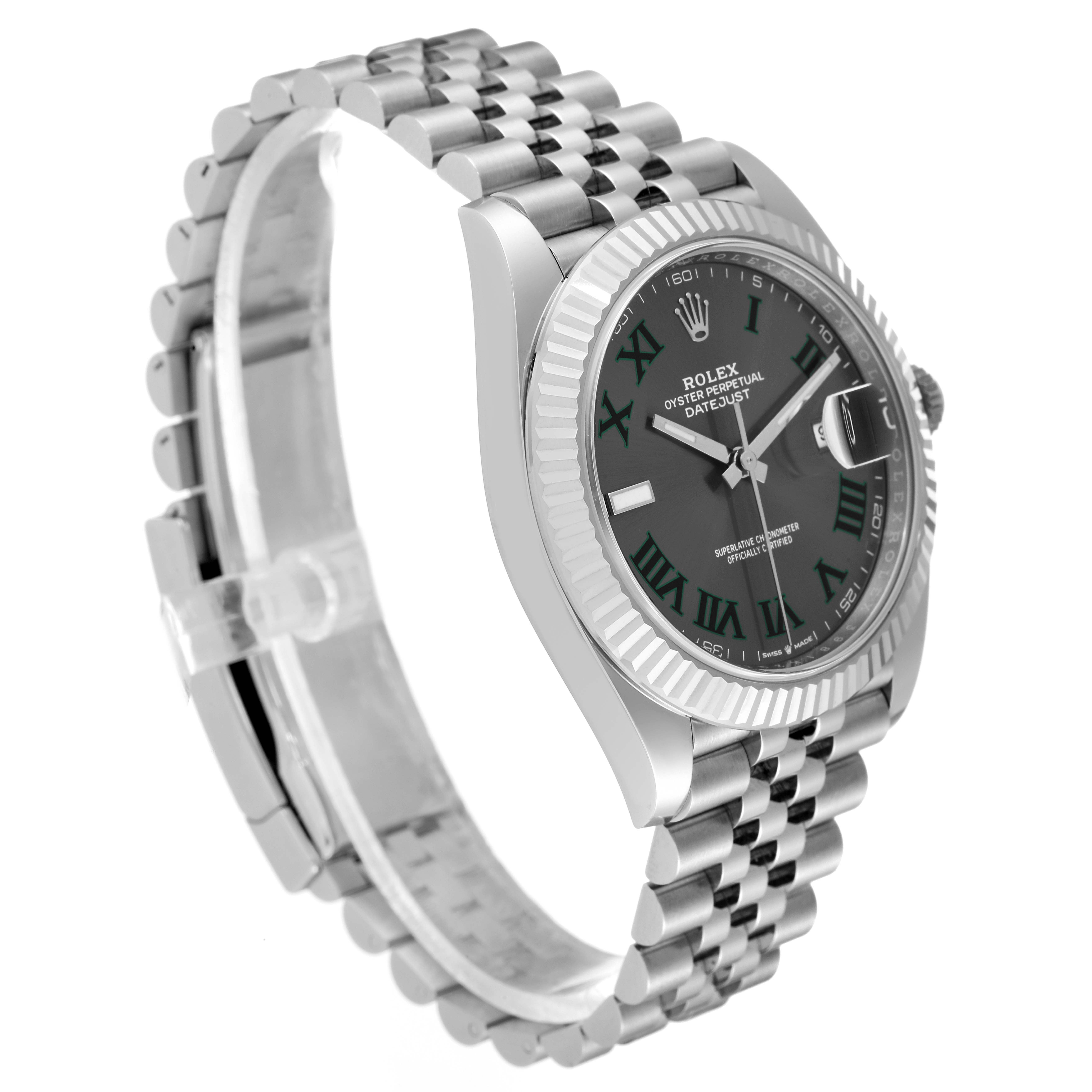 The image shows a side angle of the Rolex Datejust 41 126334 Men
s Stainless Steel Grey Dial 126334 Men
s Stainless Steel Grey Dial watch, highlighting its face, bezel, strap, and crown.
