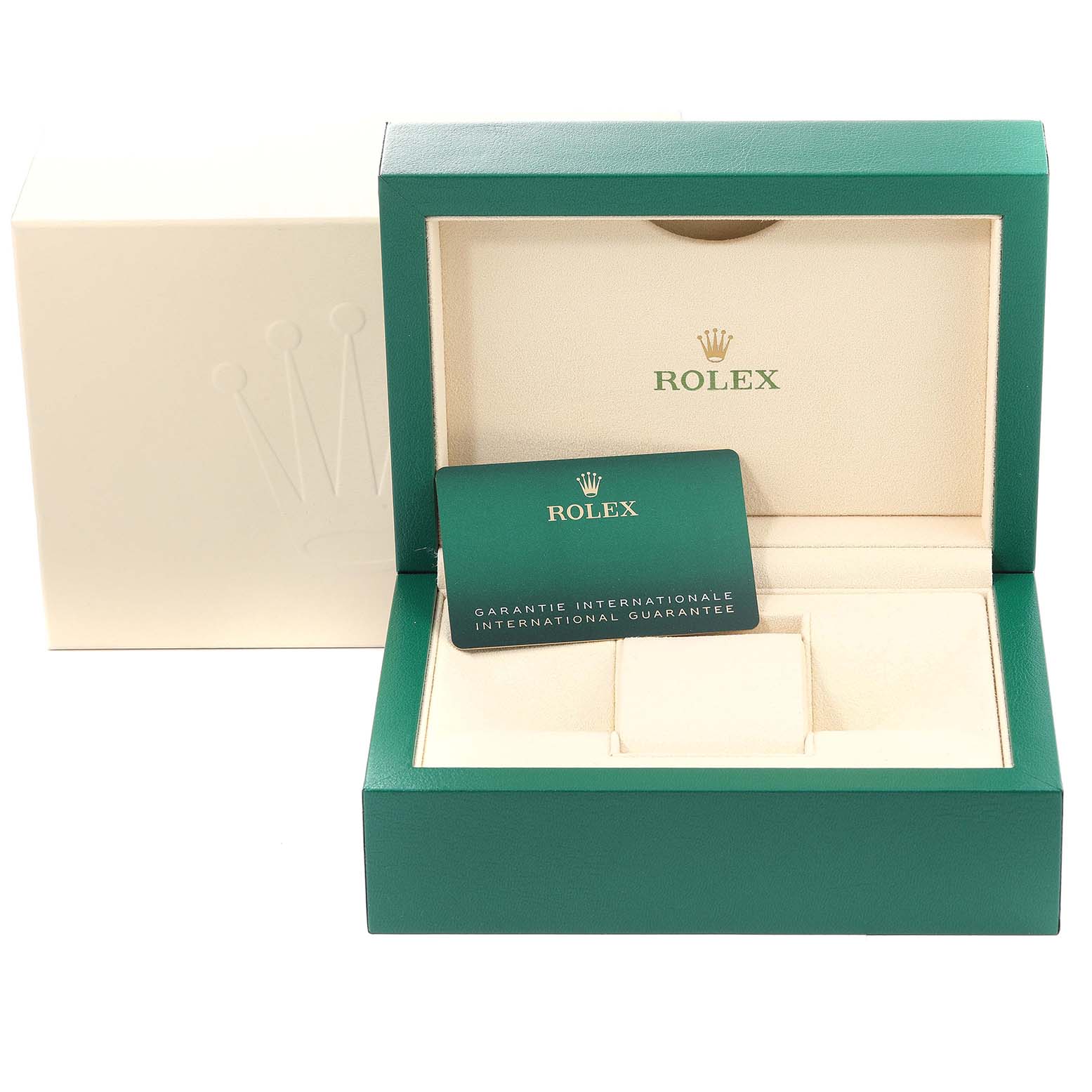 The image shows an open Rolex Datejust 41 126334 Men
s Stainless Steel Grey Dial 126334 Men
s Stainless Steel Grey Dial box with a guarantee card inside.