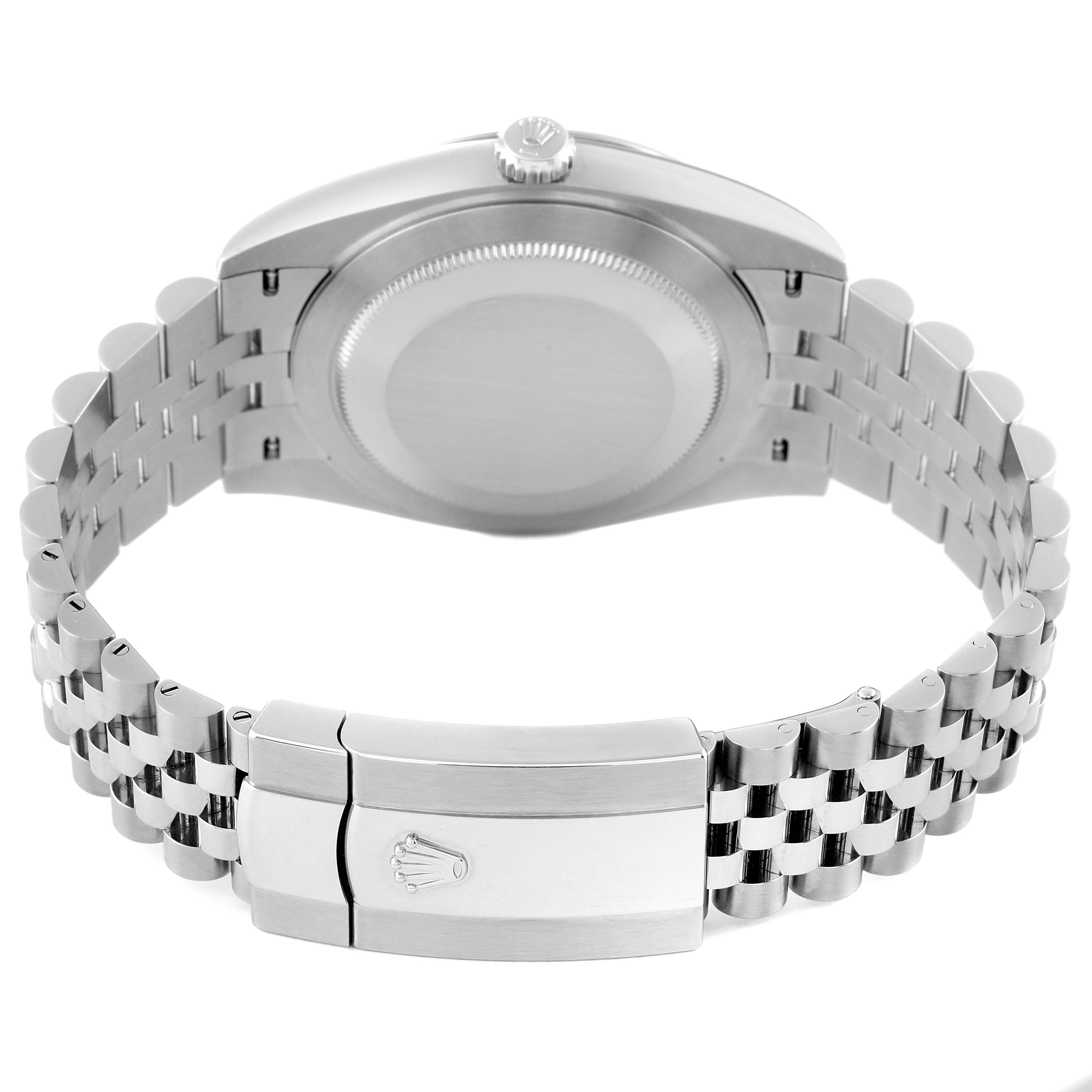 The image shows the back view of a Rolex Datejust 41 126334 Men
s Stainless Steel Grey Dial 126334 Men
s Stainless Steel Grey Dial with its case back, crown, and bracelet clasp visible.