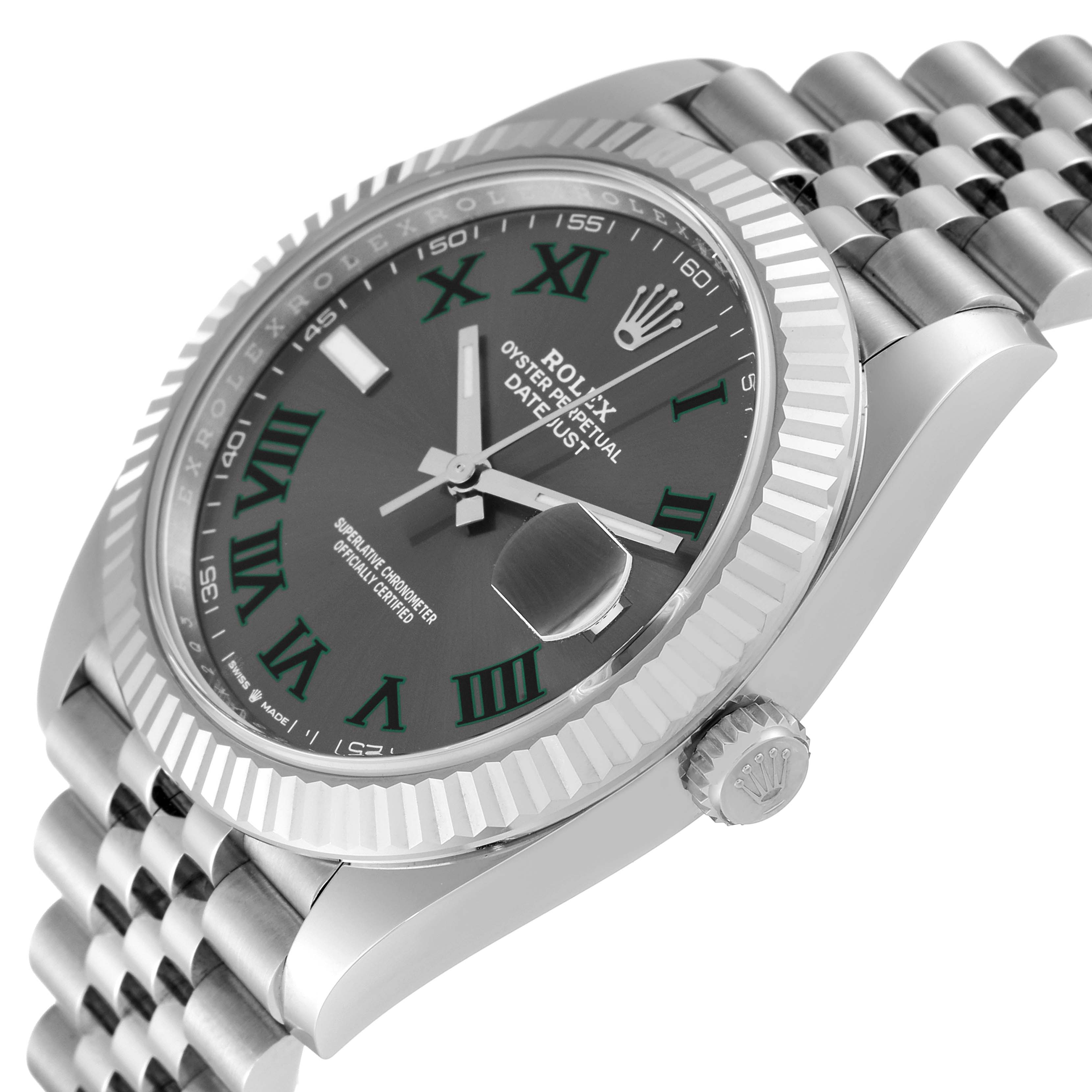 The image shows the side angle of the Rolex Datejust 41 126334 Men
s Stainless Steel Grey Dial 126334 Men
s Stainless Steel Grey Dial watch, highlighting the dial, bezel, crown, and part of the bracelet.