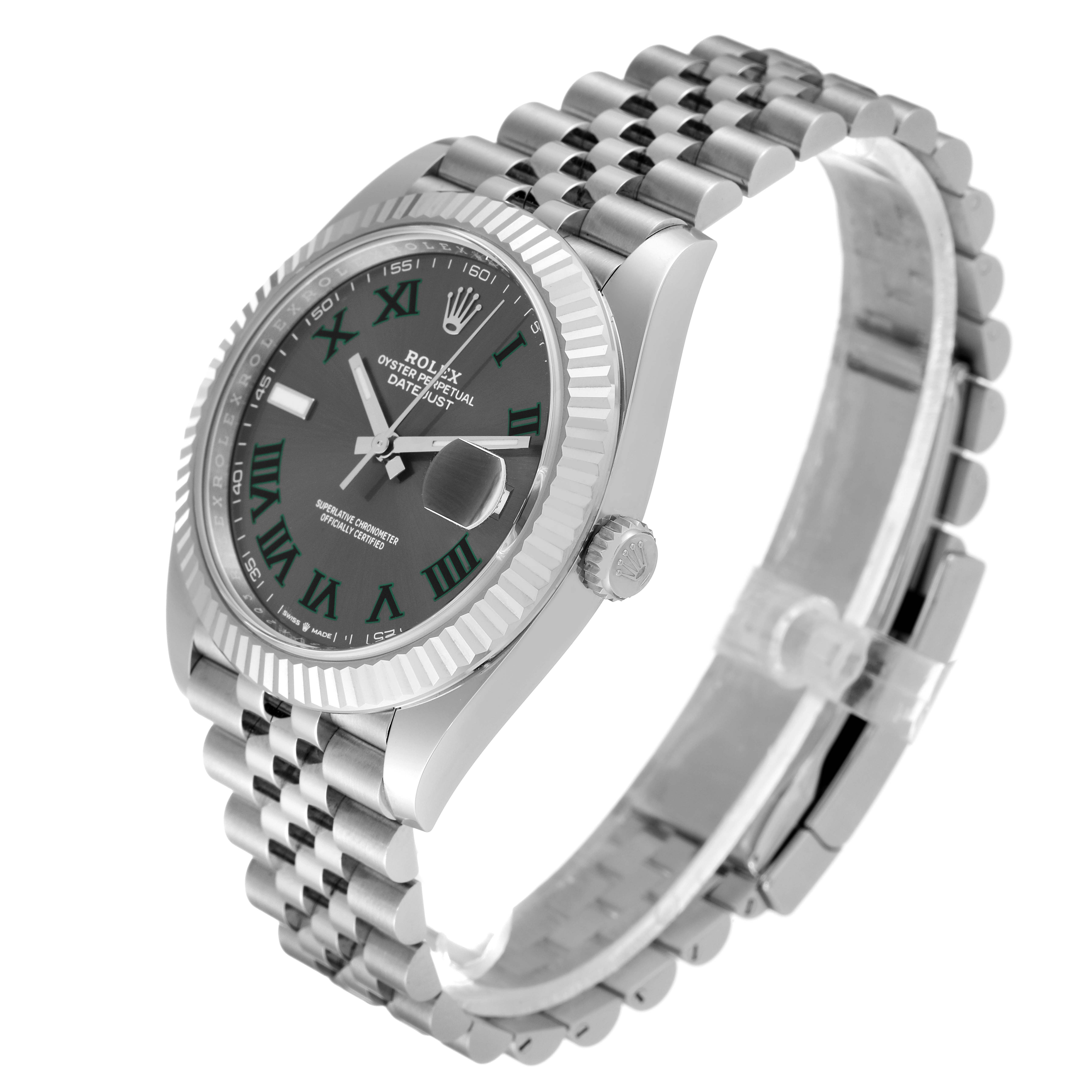 The image shows a Rolex Datejust 41 126334 Men
s Stainless Steel Grey Dial 126334 Men
s Stainless Steel Grey Dial watch at a slight angle, highlighting its face, bezel, and bracelet.