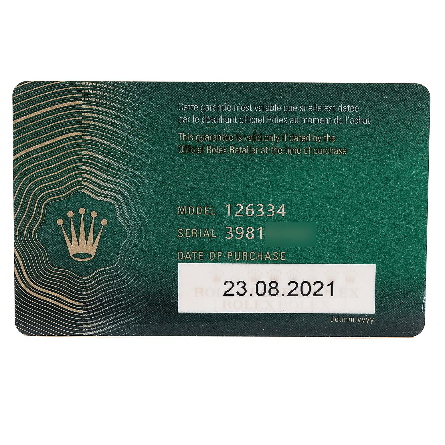 The image shows a warranty card for a Rolex Datejust 41 126334 Men
s Stainless Steel Grey Dial 126334 Men
s Stainless Steel Grey Dial model 126334, purchased on 23.08.2021.