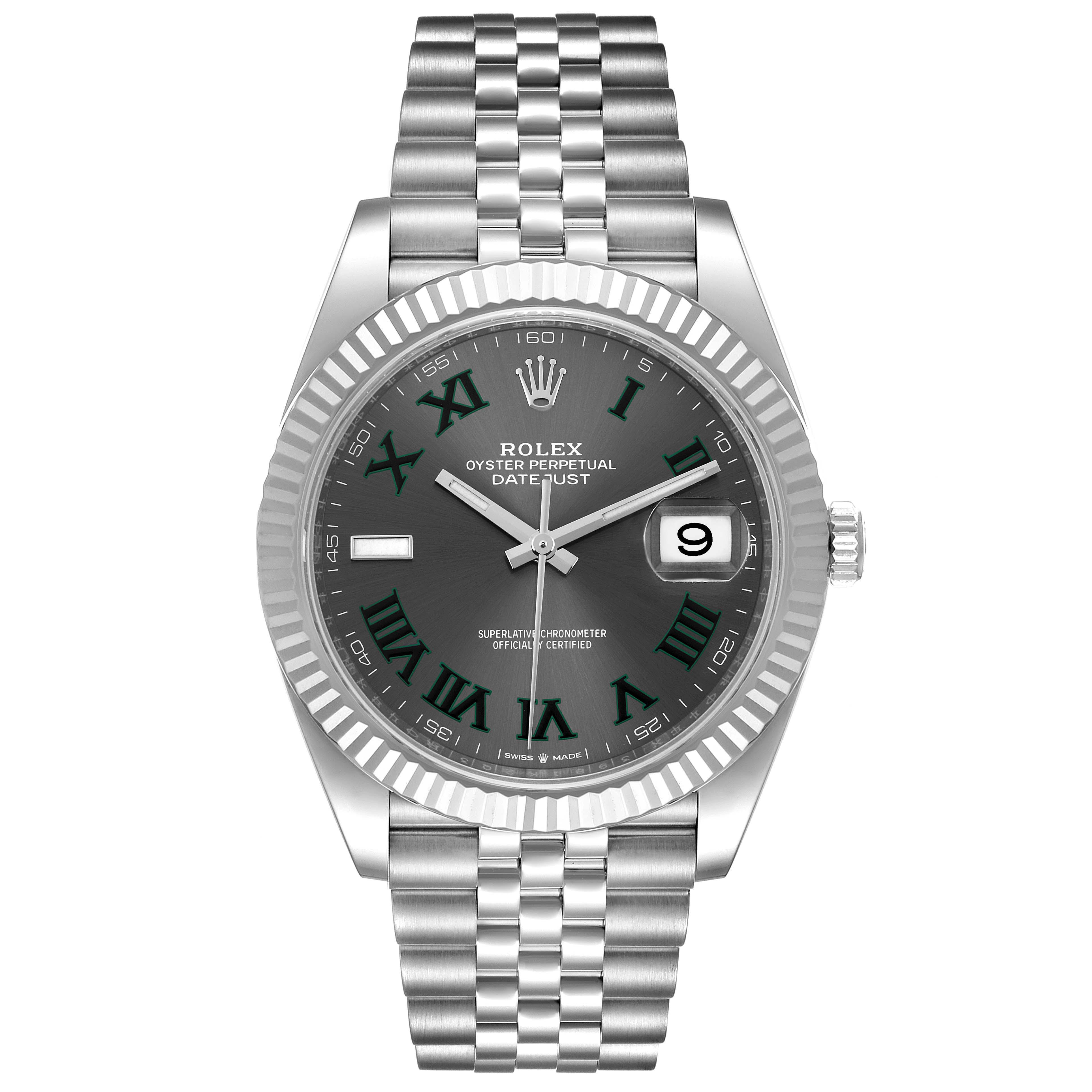 The image shows a front view of a Rolex Datejust 41 126334 Men
s Stainless Steel Grey Dial 126334 Men
s Stainless Steel Grey Dial model, displaying the watch face, fluted bezel, and Jubilee bracelet.