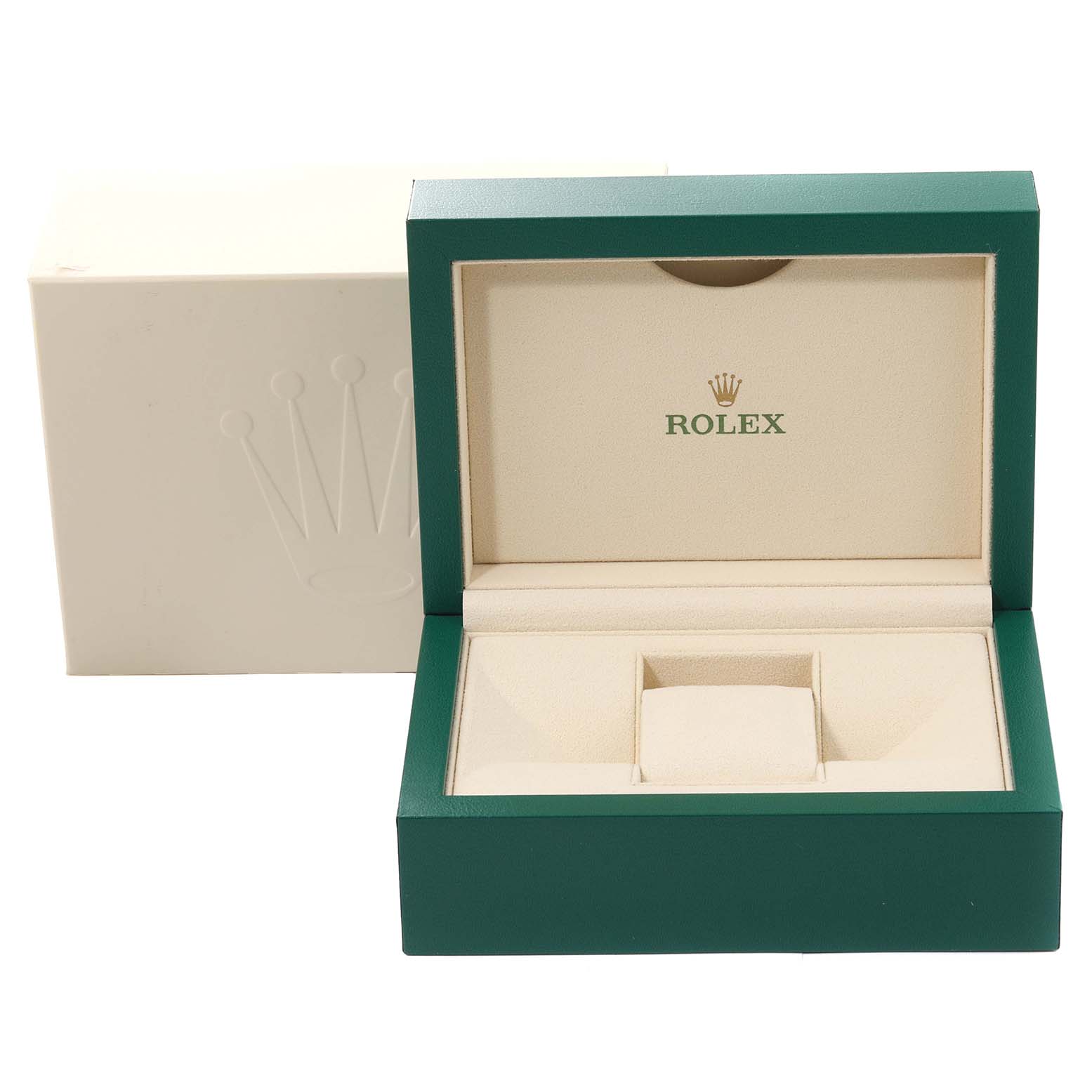 This image shows the open presentation box for a Rolex Datejust 41 126300 Men's Stainless Steel White Dial 126300 Men's Stainless Steel White Dial, showcasing its green exterior and beige interior with the Rolex logo.