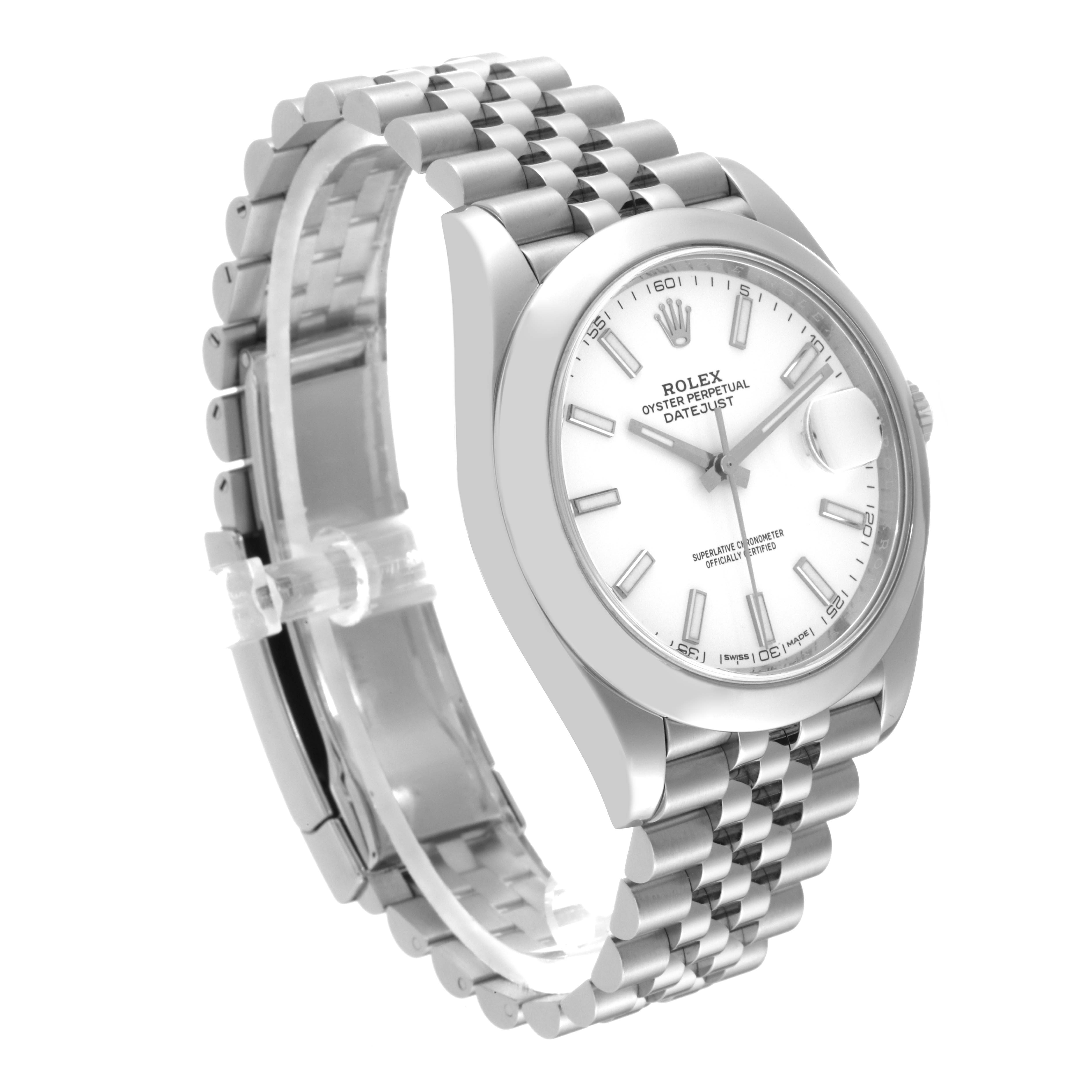 The Rolex Datejust 41 126300 Men's Stainless Steel White Dial 126300 Men's Stainless Steel White Dial watch is shown at an angle highlighting the face, bezel, and bracelet.