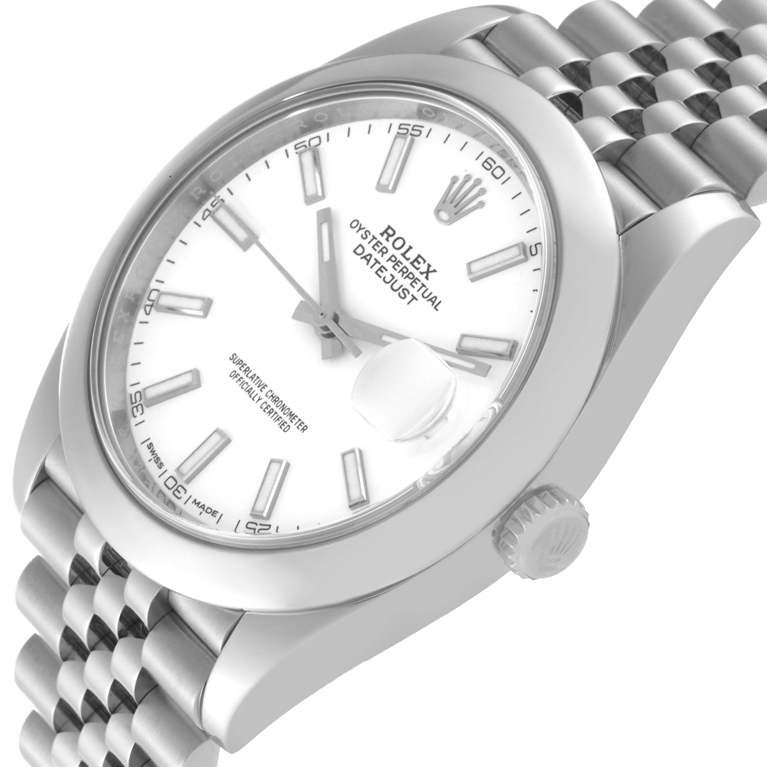 The image shows a Rolex Datejust 41 126300 Men's Stainless Steel White Dial 126300 Men's Stainless Steel White Dial model watch at an angled view, highlighting its face, bezel, crown, and part of the bracelet.