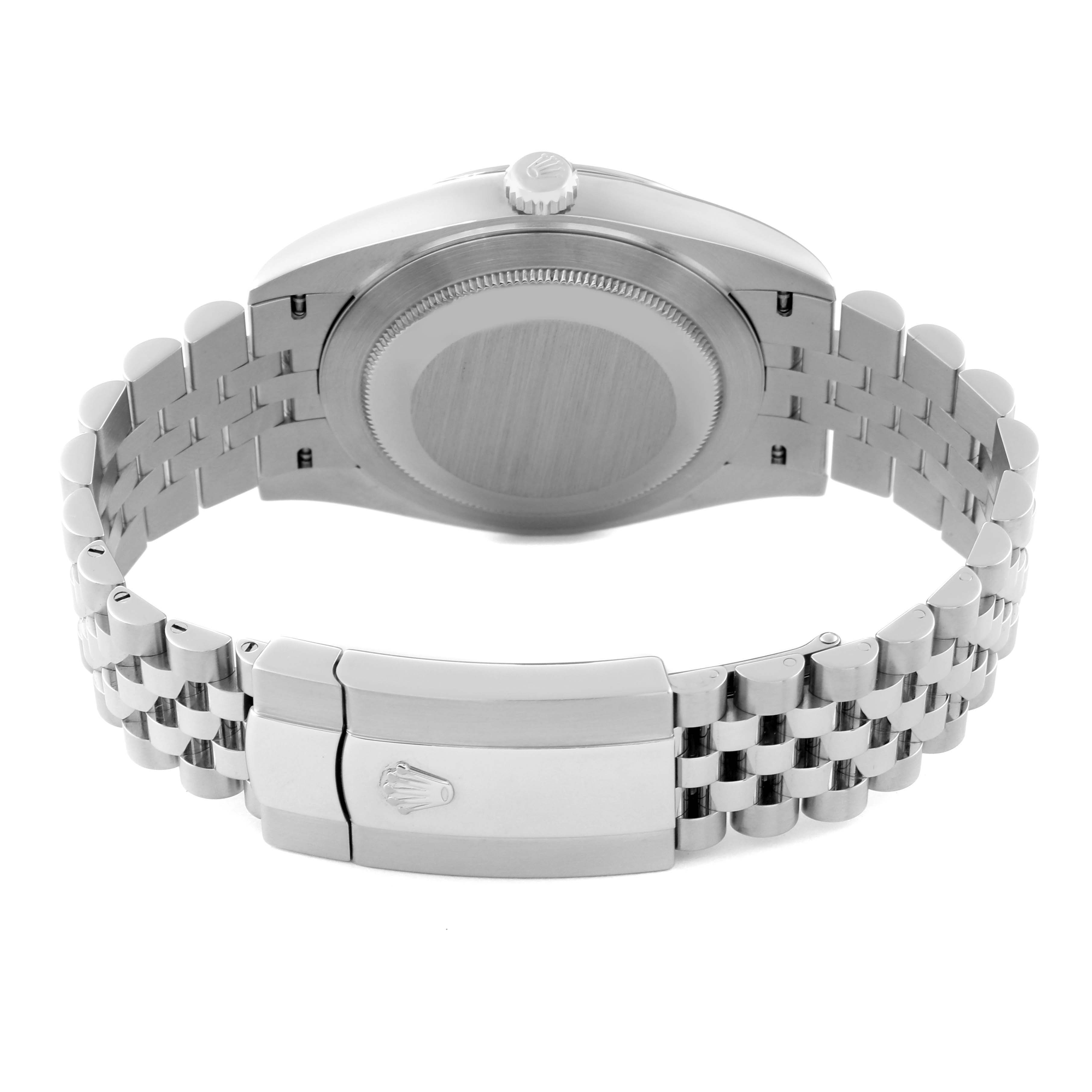 This image shows the case back and clasp of the Rolex Datejust 41 126300 Men's Stainless Steel White Dial 126300 Men's Stainless Steel White Dial watch from a rear angle.