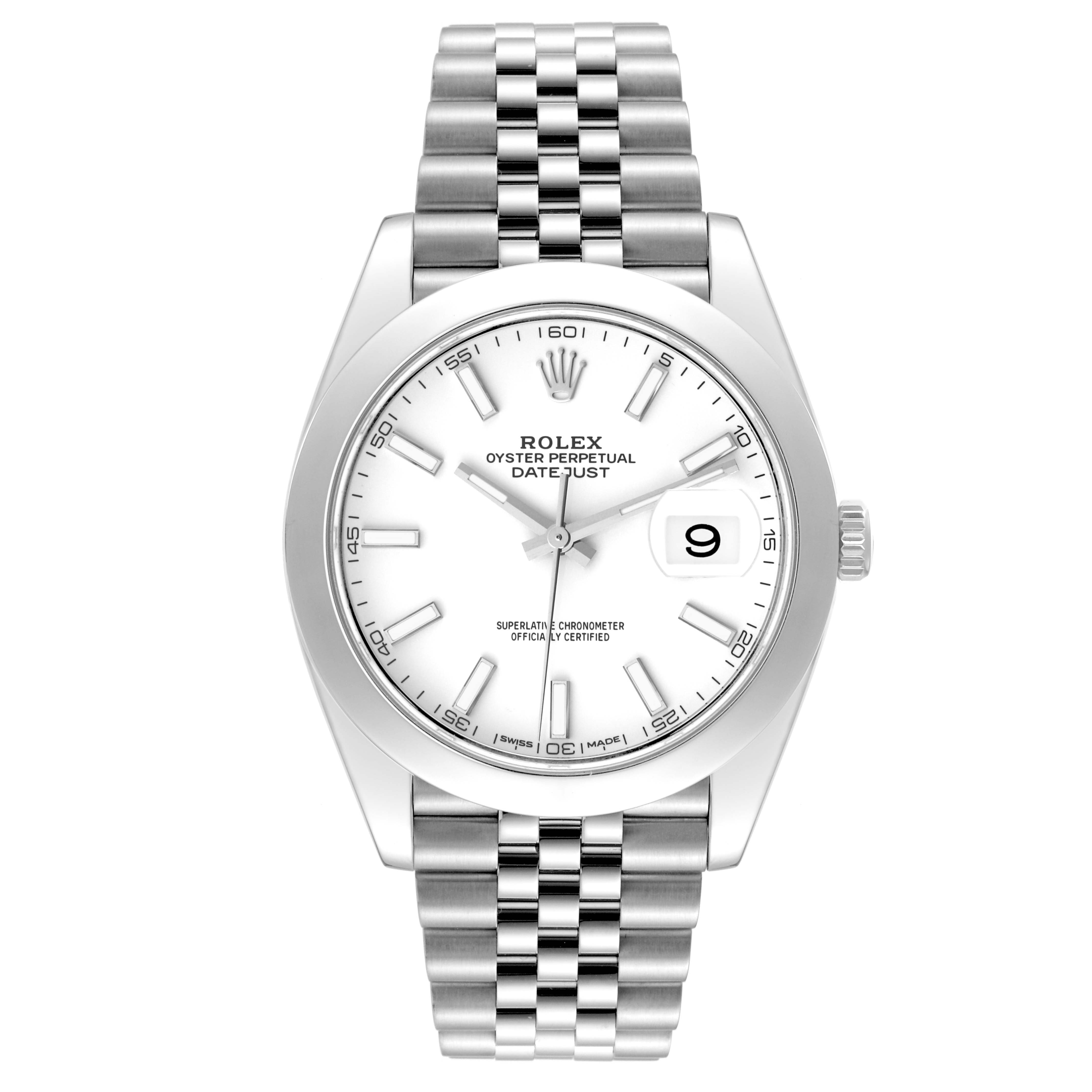 This image shows a front view of the Rolex Datejust 41 126300 Men's Stainless Steel White Dial 126300 Men's Stainless Steel White Dial watch featuring the dial, bezel, case, crown, and bracelet.