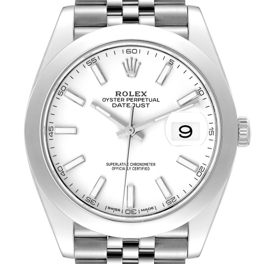 This is a frontal view of the Rolex Datejust 41 watch, showing the white dial, date window, and stainless steel bracelet.