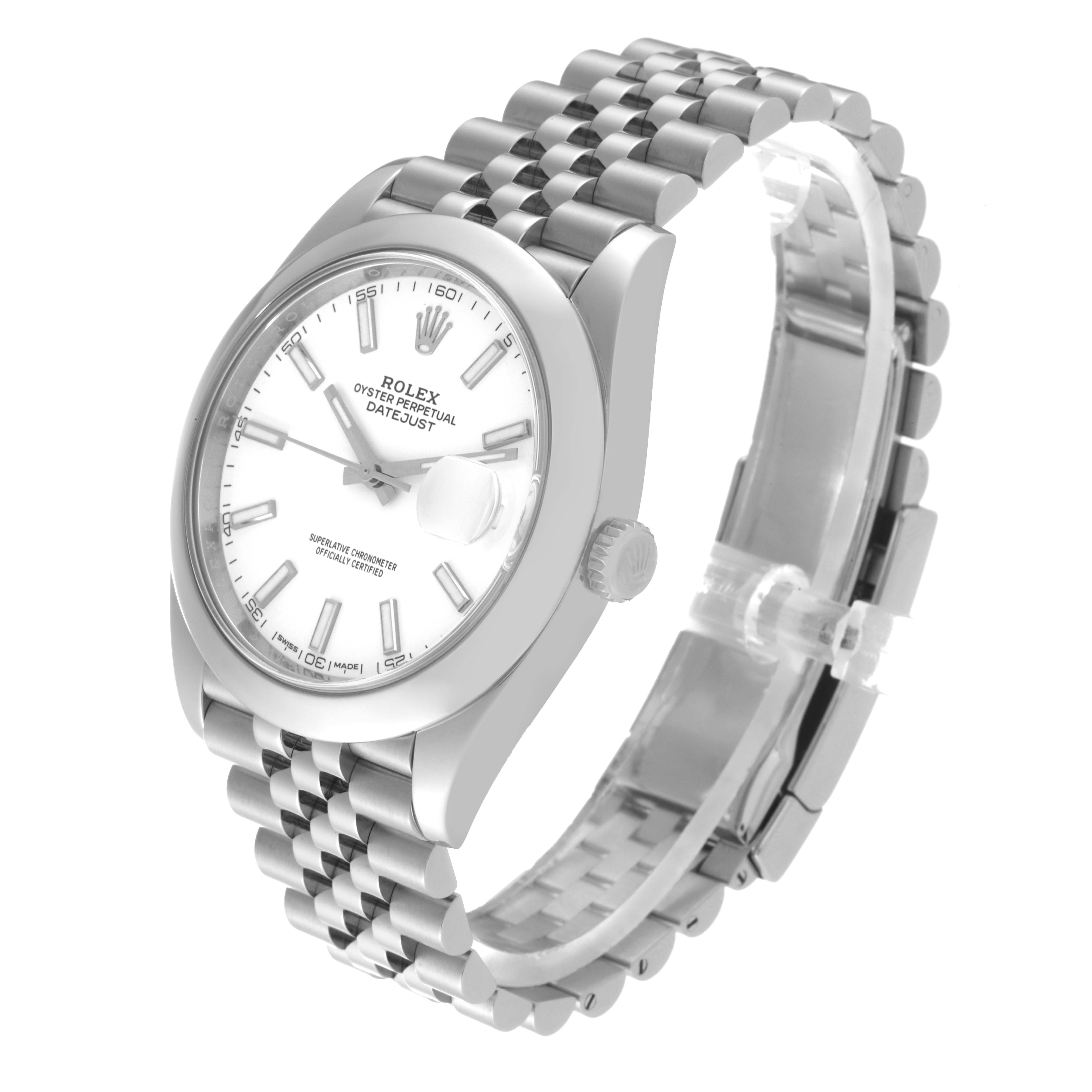 The Rolex Datejust 41 126300 Men's Stainless Steel White Dial 126300 Men's Stainless Steel White Dial watch is shown at an angle highlighting its face, bezel, crown, and jubilee bracelet.
