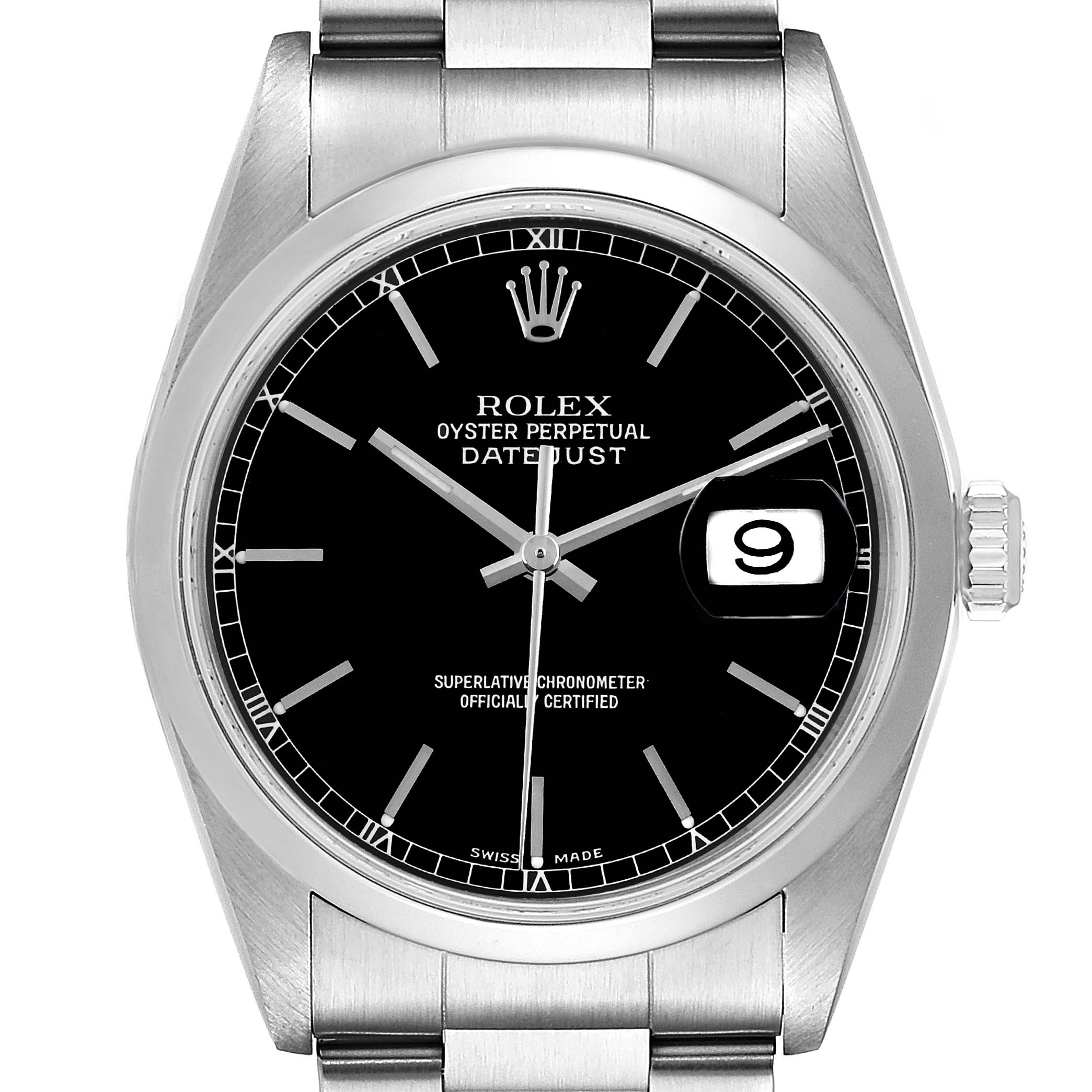 The image shows a frontal view of the Rolex Datejust 16200 Men's Stainless Steel Black Dial 16200 Men's Stainless Steel Black Dial watch with a black dial and date display.