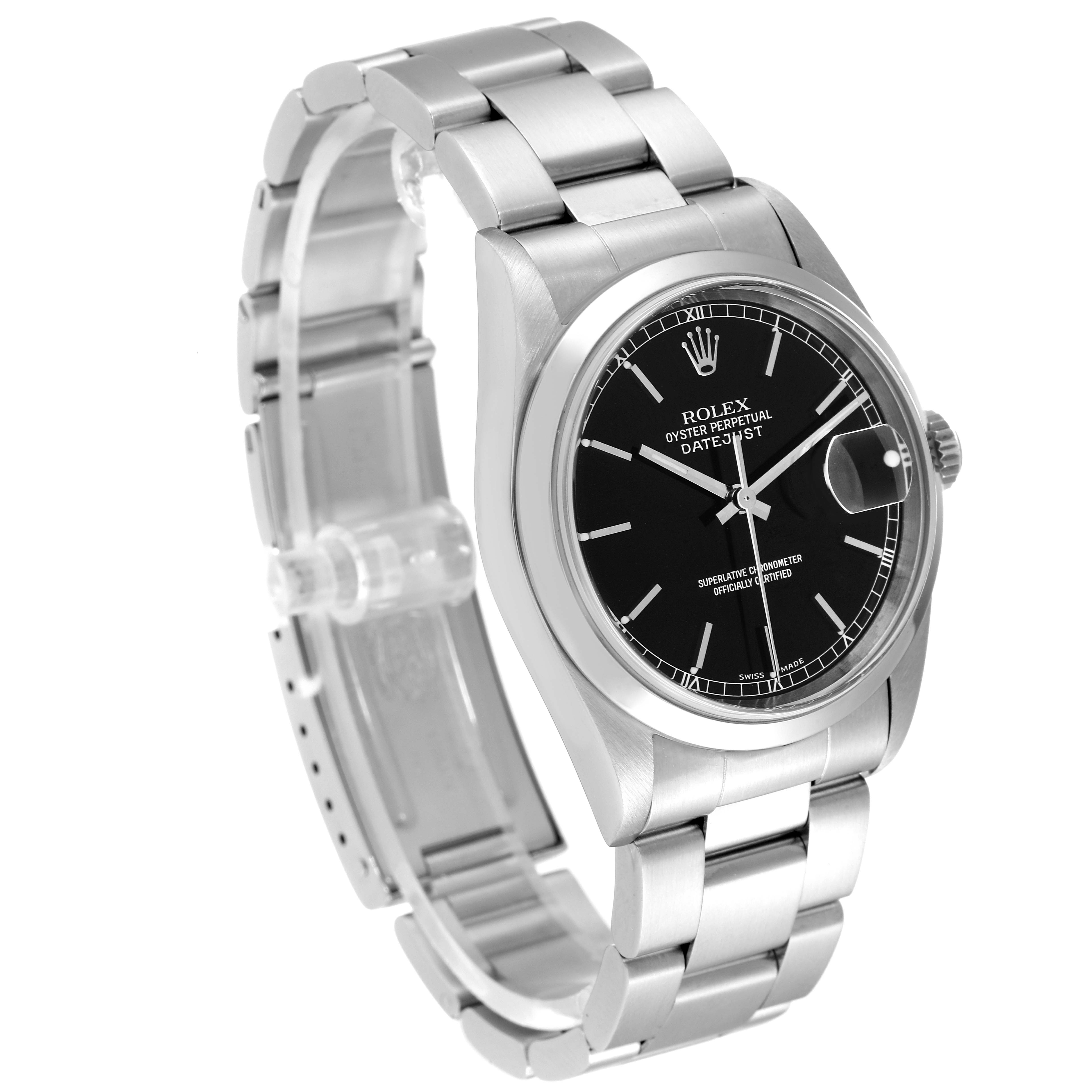 The Rolex Datejust 16200 Men's Stainless Steel Black Dial 16200 Men's Stainless Steel Black Dial watch is shown at a three-quarter angle displaying the face, bracelet, and part of the clasp.