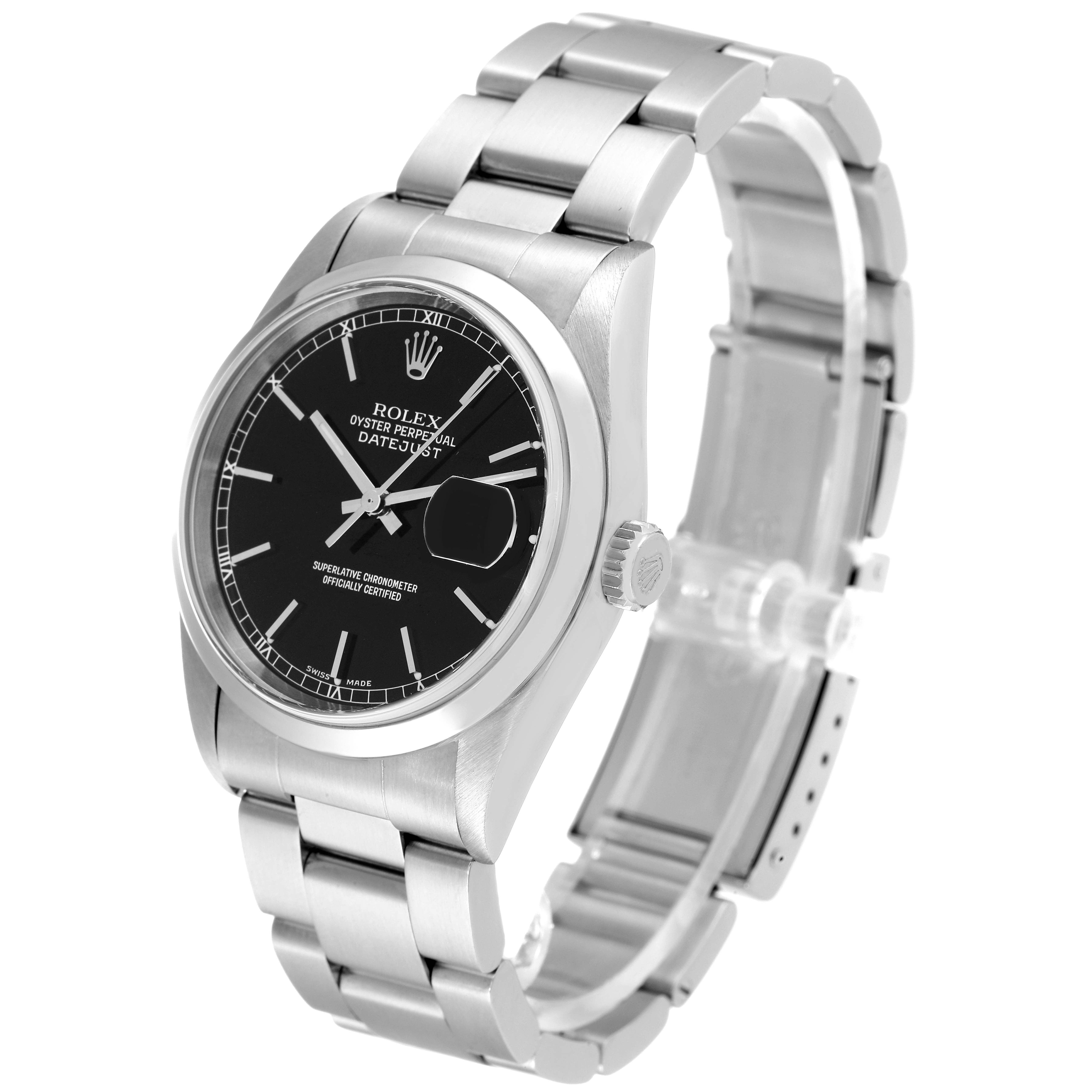 This image shows a 3/4 angle view of the Rolex Datejust 16200 Men's Stainless Steel Black Dial 16200 Men's Stainless Steel Black Dial watch, highlighting its black dial, stainless steel bracelet, and date feature.