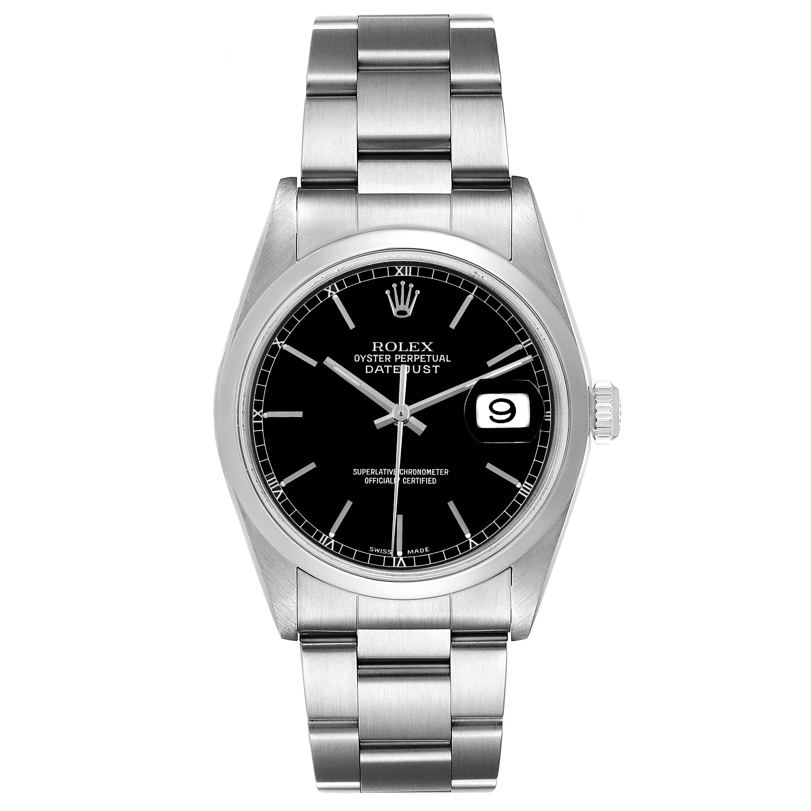 The watch is a Rolex Datejust 16200 Men's Stainless Steel Black Dial 16200 Men's Stainless Steel Black Dial model shown from a top-down angle displaying its face, bezel, and bracelet.