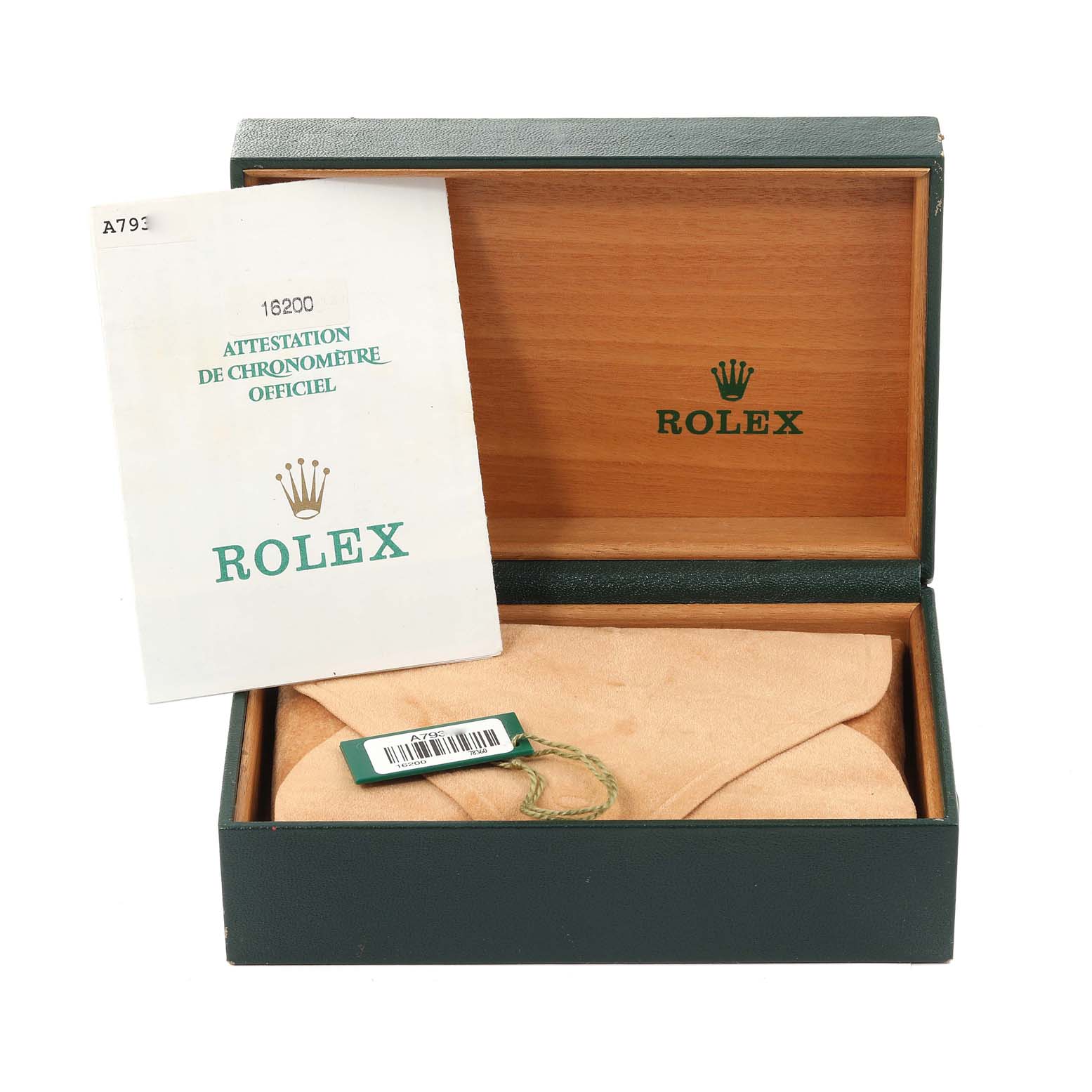 The image shows an open box with a manual and tag for a Rolex Datejust 16200 Men's Stainless Steel Black Dial 16200 Men's Stainless Steel Black Dial model.