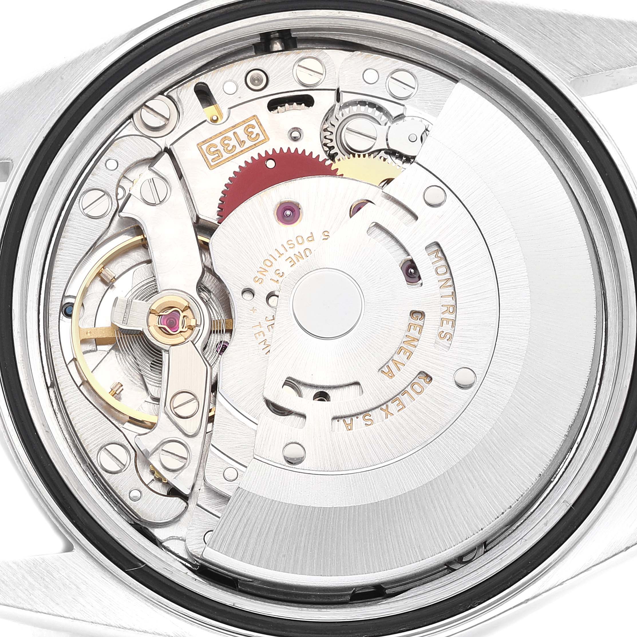 The image shows the inner mechanical movement of a Rolex Datejust 16200 Men's Stainless Steel Black Dial 16200 Men's Stainless Steel Black Dial watch, showcasing cogs and intricate components from a back angle.