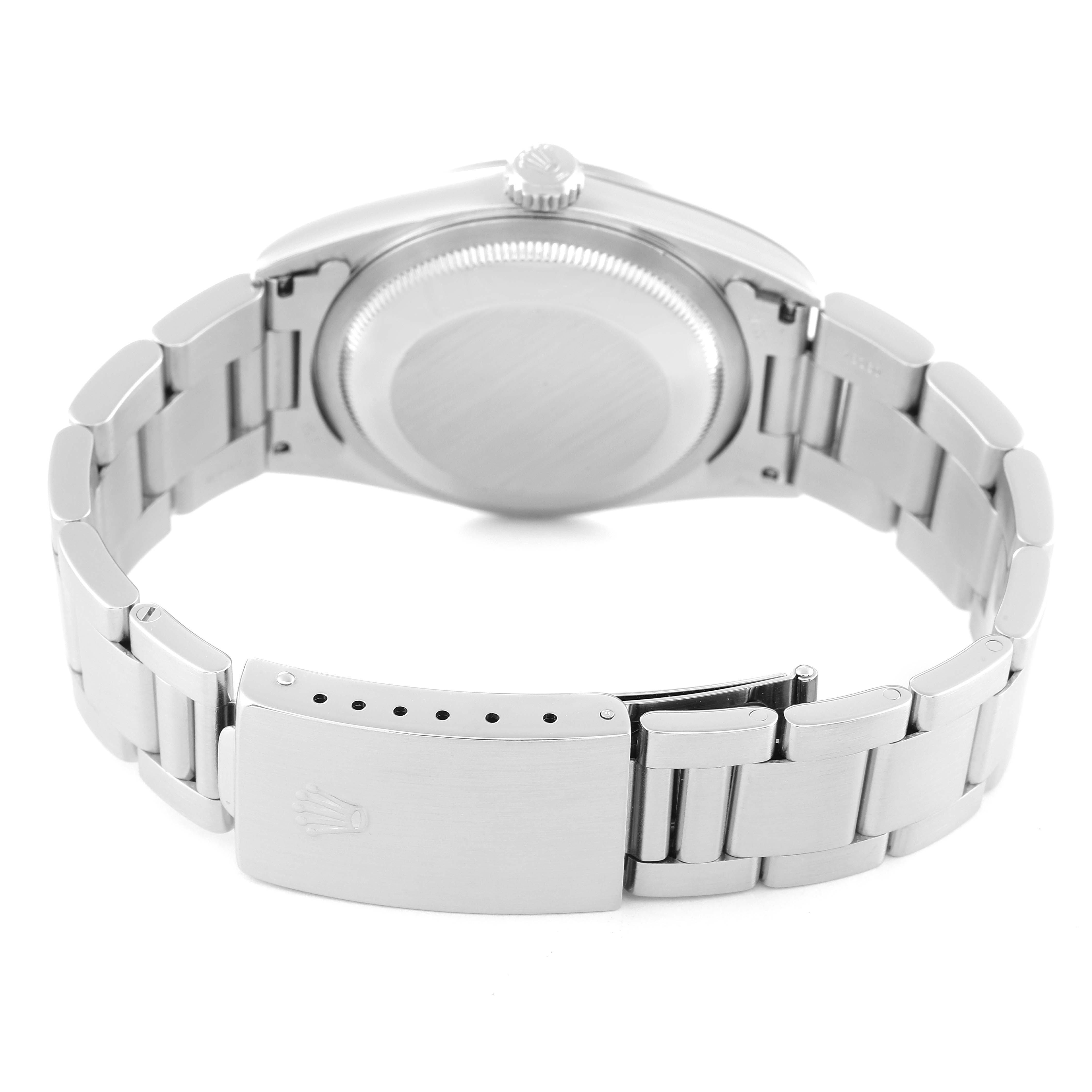 The image shows the back case, crown, and bracelet of a Rolex Datejust 16200 Men's Stainless Steel Black Dial 16200 Men's Stainless Steel Black Dial model watch.