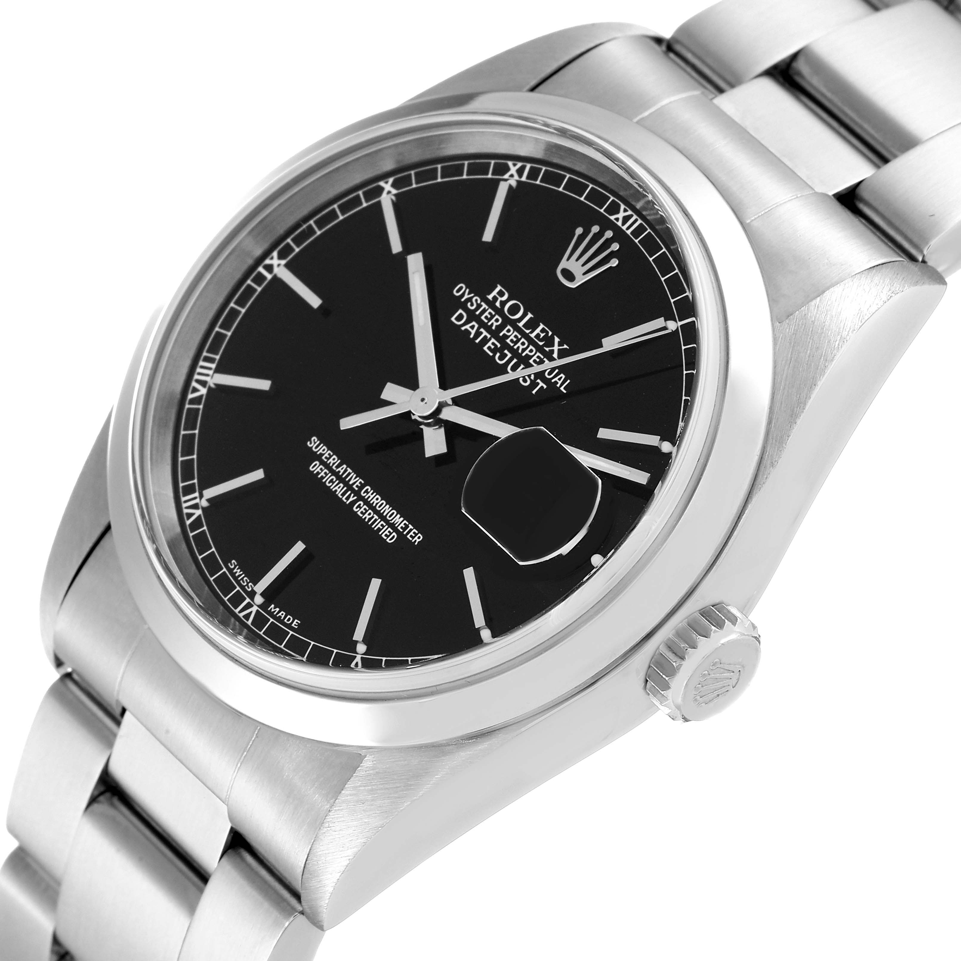 The Rolex Datejust 16200 Men's Stainless Steel Black Dial 16200 Men's Stainless Steel Black Dial watch is shown at an angled close-up, highlighting the black dial, fluted bezel, date magnifier, and bracelet.