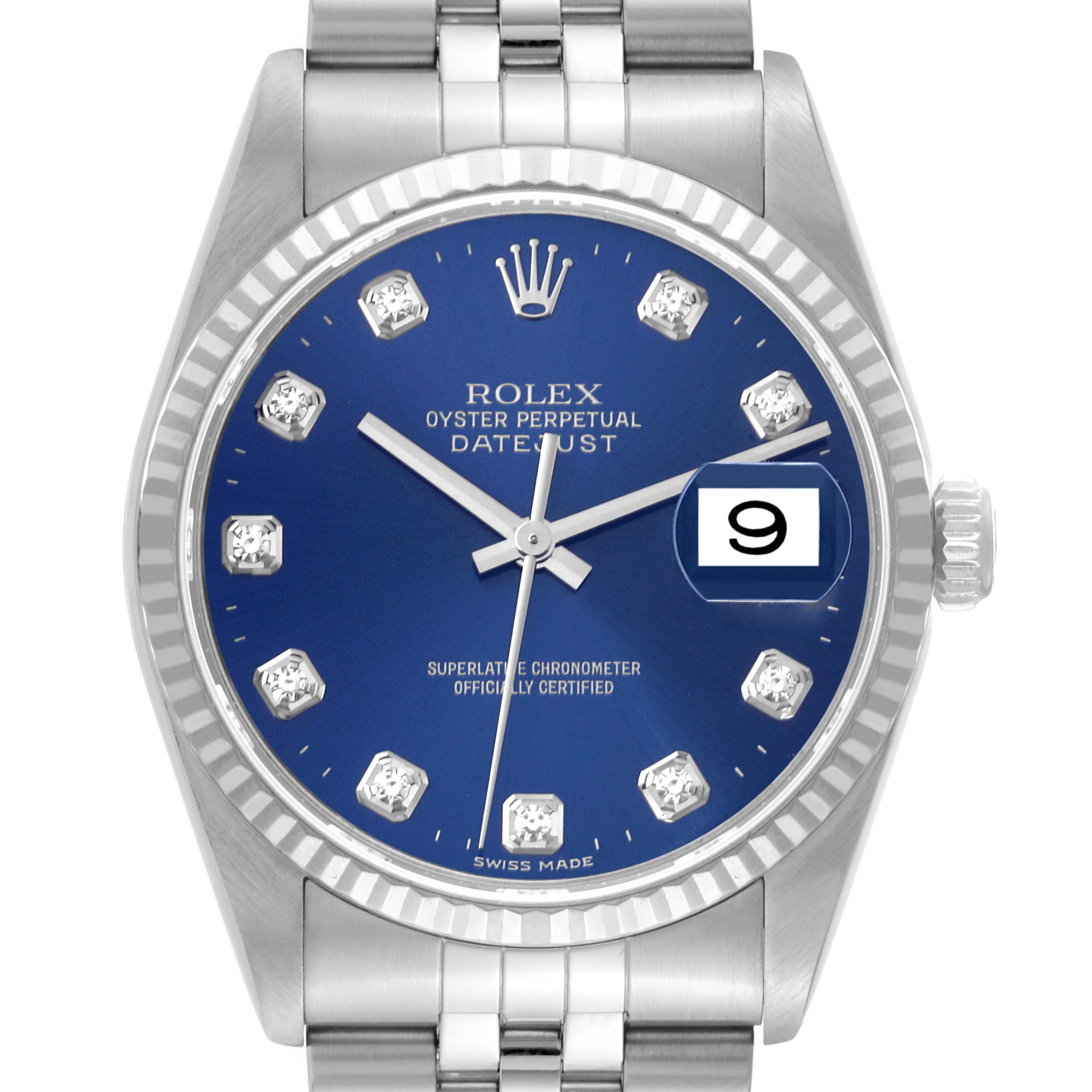 The Rolex Datejust 16234 Men's Stainless Steel Blue Dial 16234 Men's Stainless Steel Blue Dial watch is shown from a front angle, displaying the blue dial, date window, and part of the bracelet.