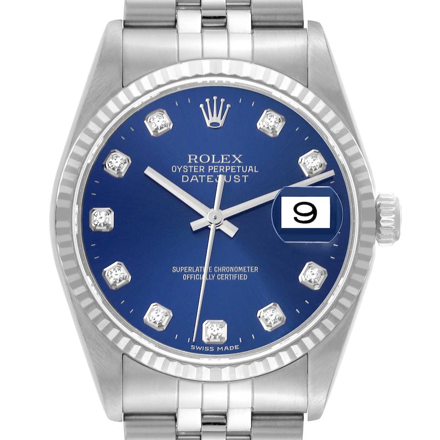 The Rolex Datejust watch is shown from a front angle, displaying the blue dial, date window, and part of the bracelet.