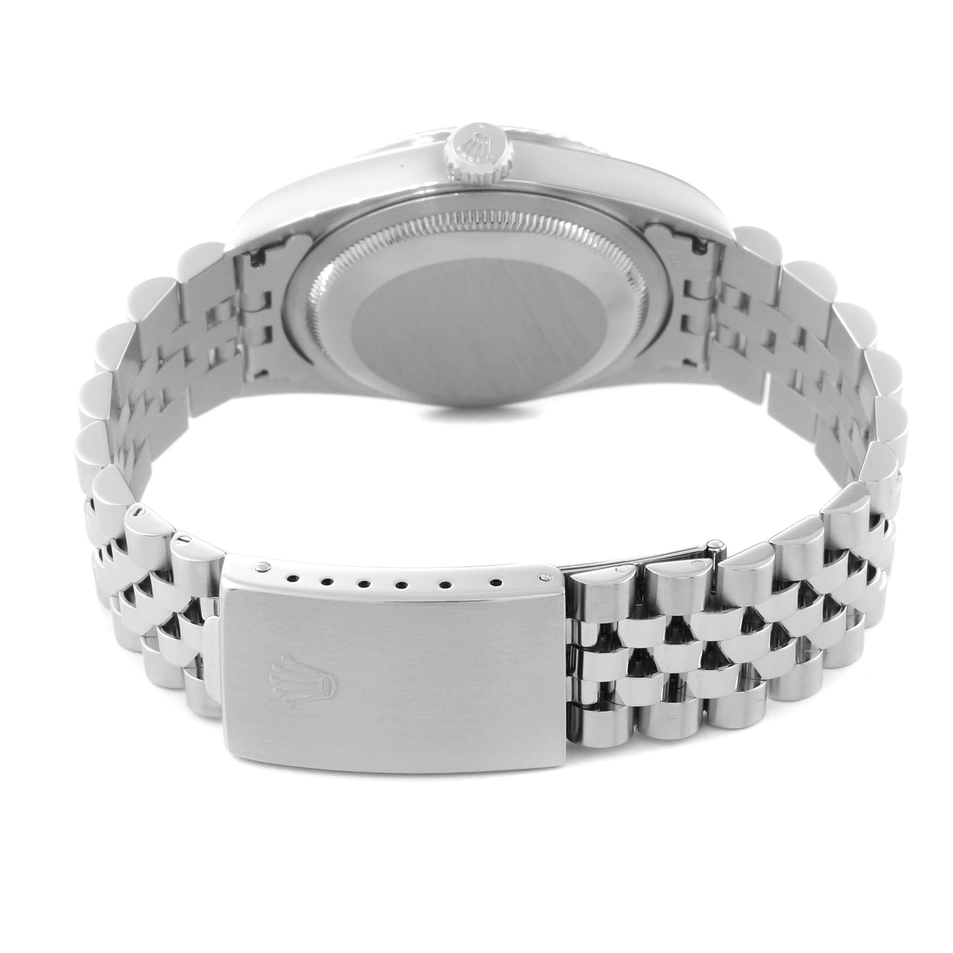 This view of the Rolex Datejust 16234 Men's Stainless Steel Blue Dial 16234 Men's Stainless Steel Blue Dial model shows the back of the watch case and bracelet with buckle.