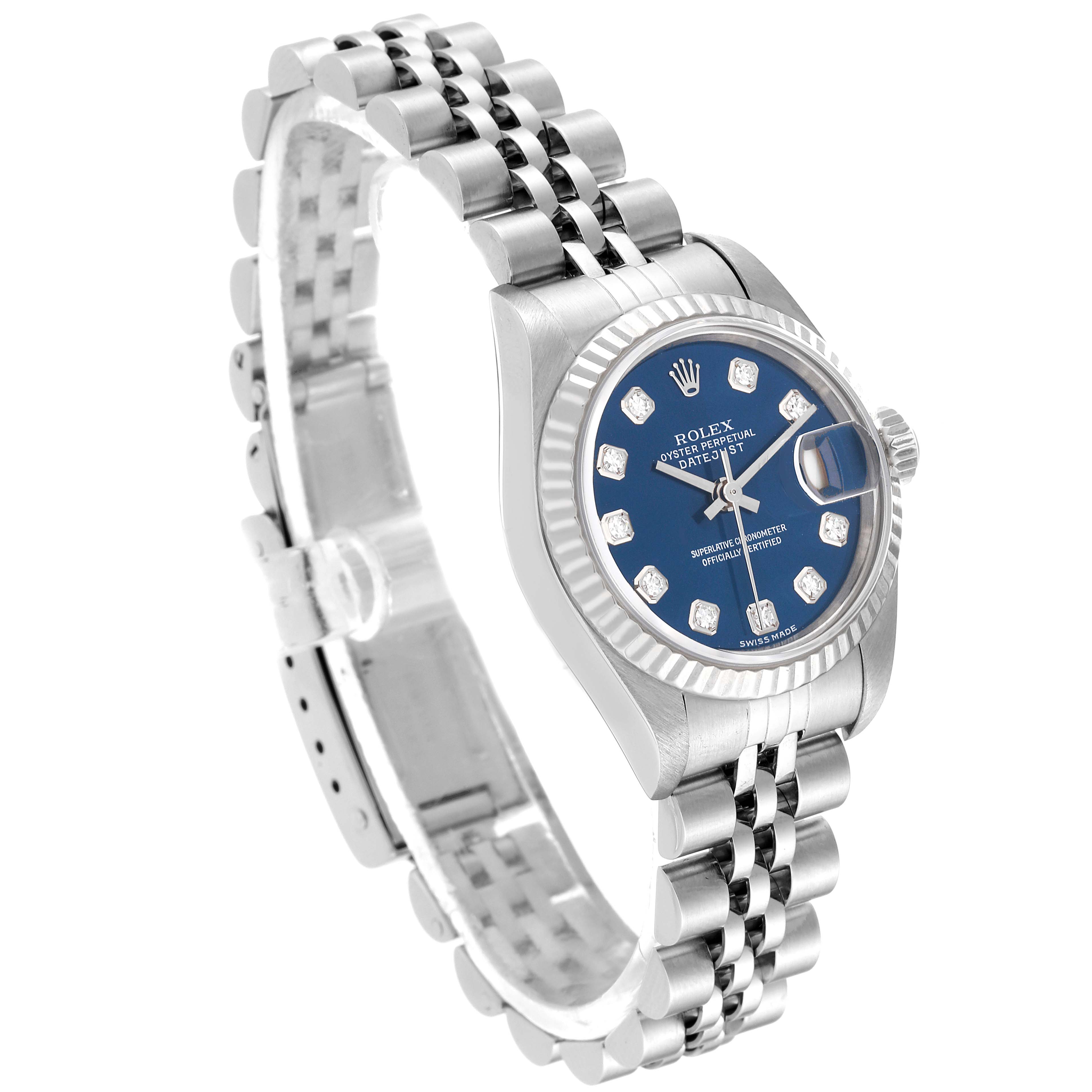 This image shows a Rolex Datejust 79174 Women's Stainless Steel Blue Dial 79174 Women's Stainless Steel Blue Dial watch at a 3/4 angle, displaying its blue dial, diamond markers, and jubilee bracelet.