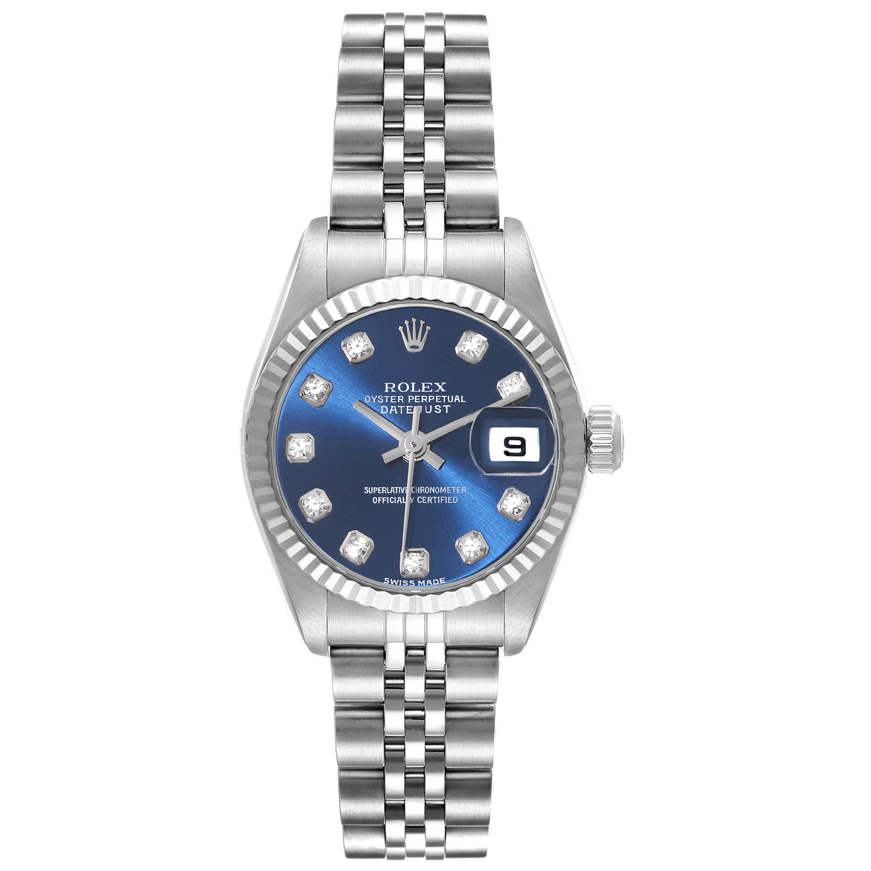 The image shows a Rolex Datejust 79174 Women's Stainless Steel Blue Dial 79174 Women's Stainless Steel Blue Dial watch from a top-down angle, displaying its blue dial, date window, fluted bezel, and bracelet.