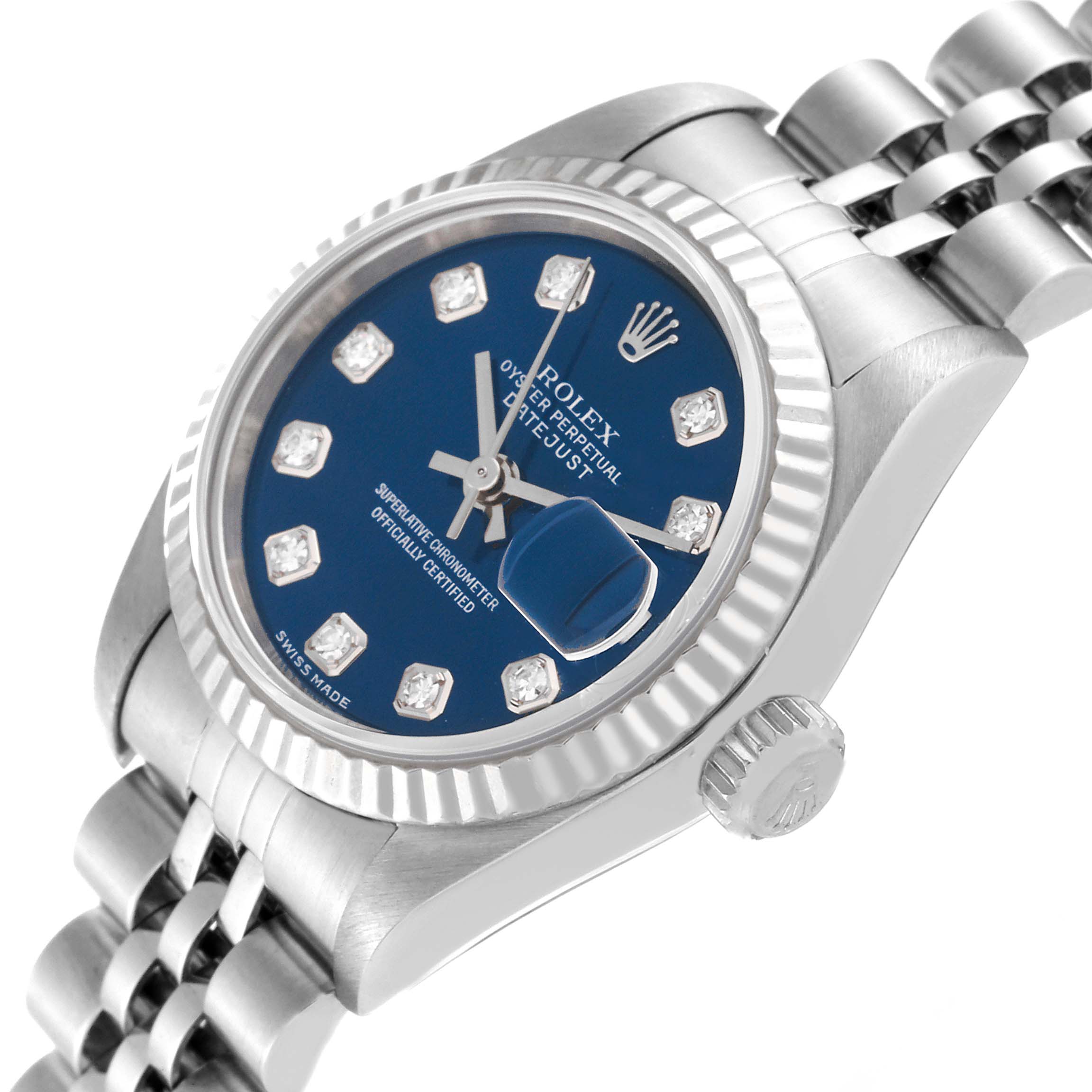 The image shows a close-up angled view of the Rolex Datejust 79174 Women's Stainless Steel Blue Dial 79174 Women's Stainless Steel Blue Dial watch, featuring its blue dial, crown, and part of the jubilee bracelet.