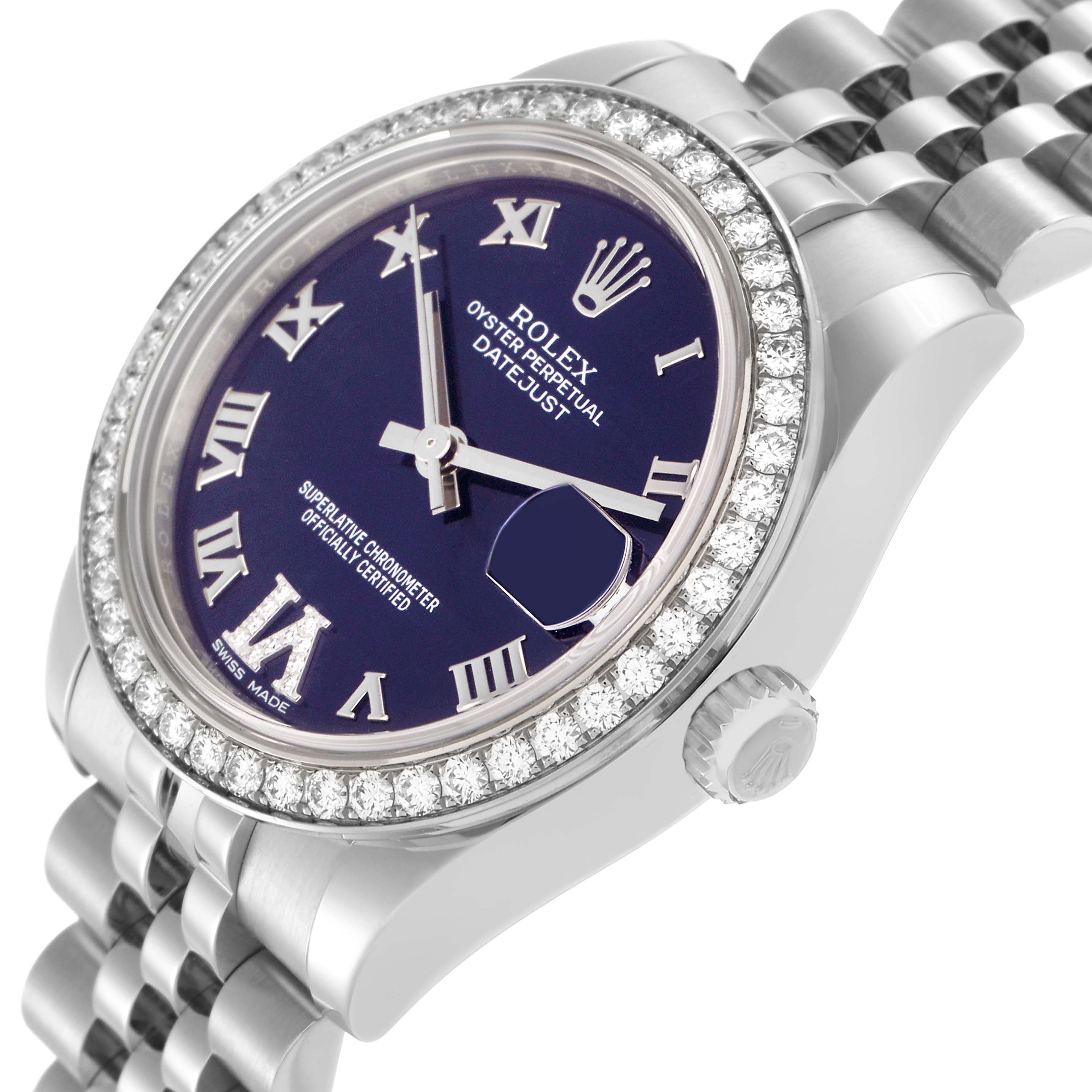 The Rolex Mid-Size 178384 Women
s Stainless Steel Purple Dial 178384 Women
s Stainless Steel Purple Dial watch is shown from an angled view, highlighting the face, bezel, crown, and part of the bracelet.