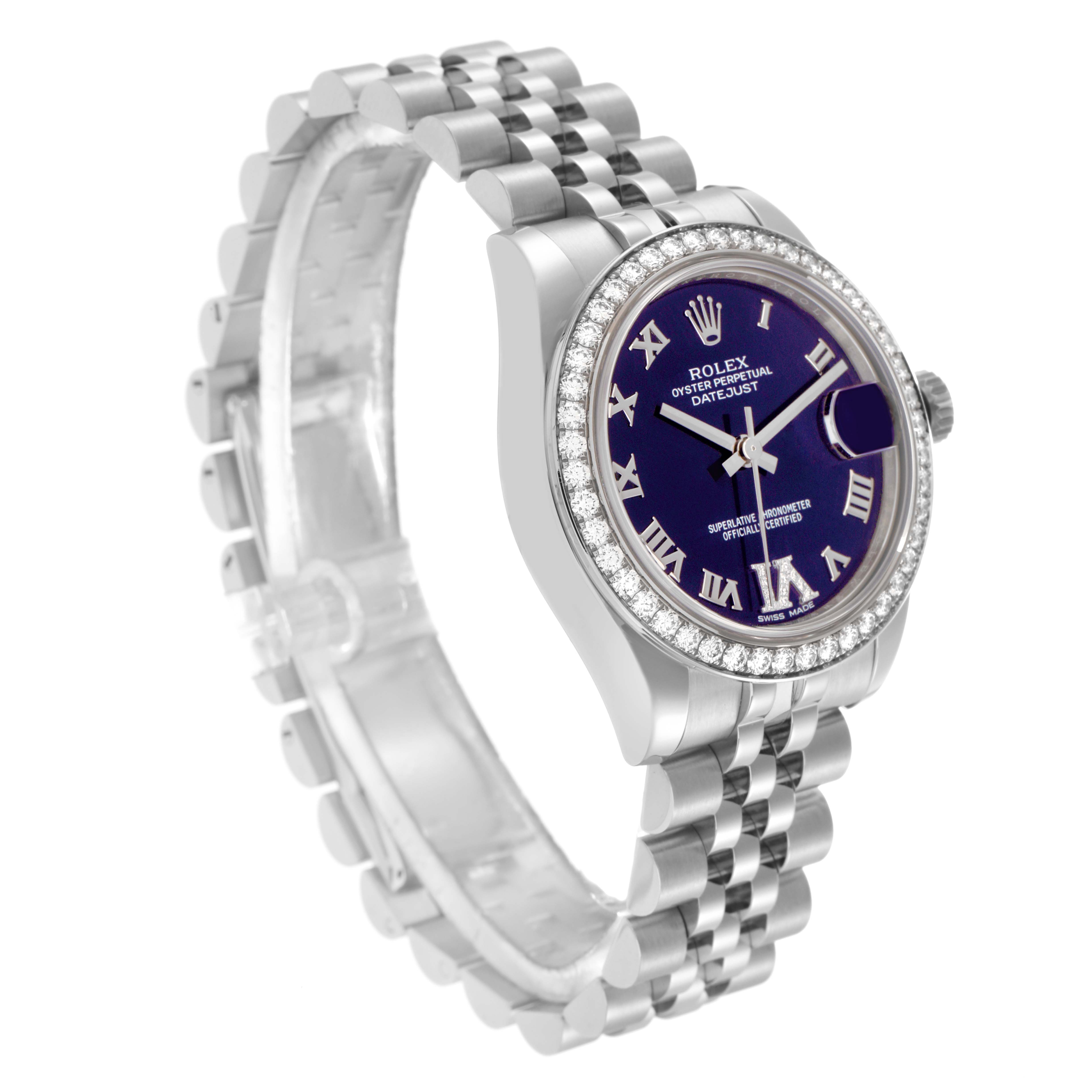 The Rolex Mid-Size 178384 Women
s Stainless Steel Purple Dial 178384 Women
s Stainless Steel Purple Dial watch is angled to show the face, bezel, crown, and part of the bracelet.