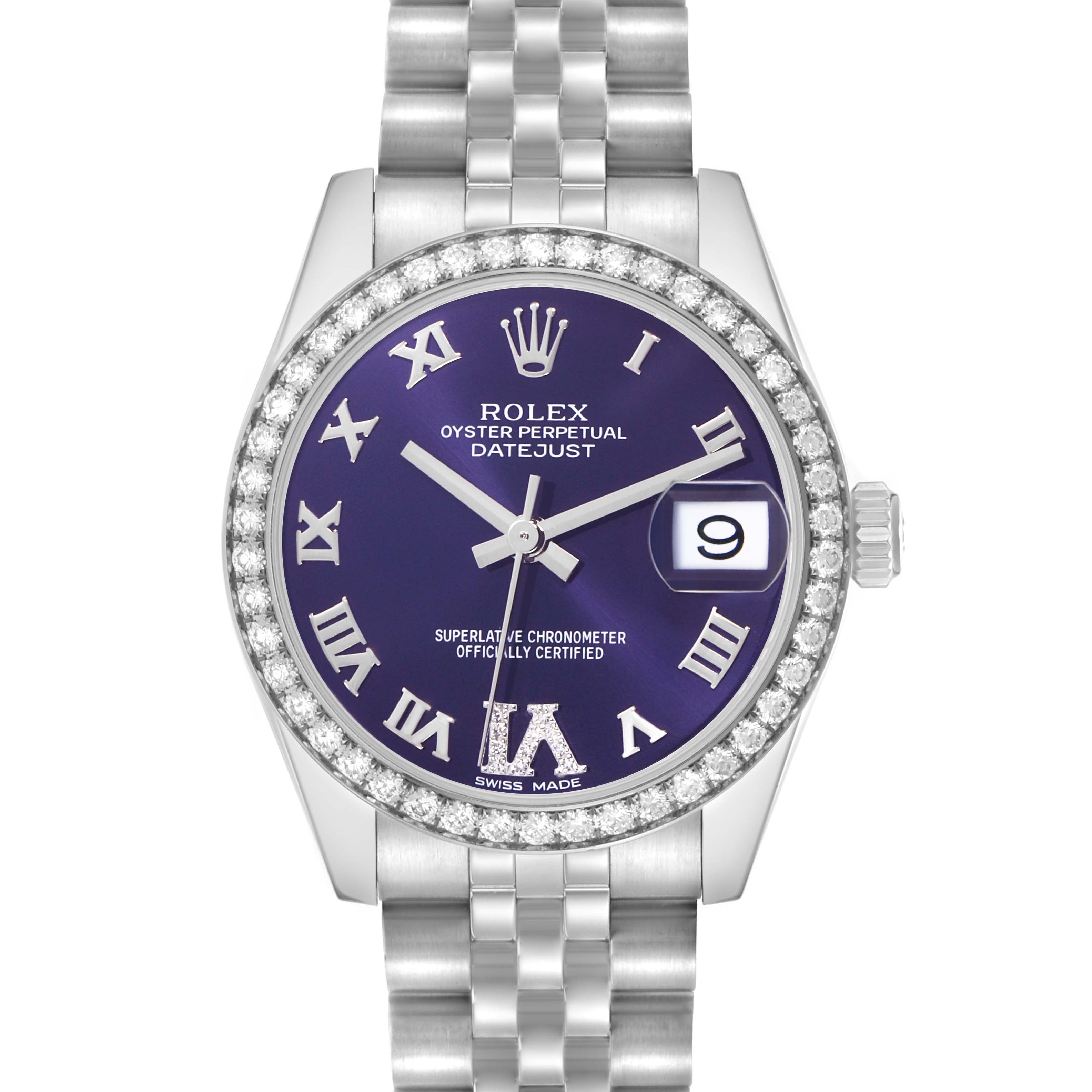The Rolex Datejust Mid-Size watch is shown from the front, highlighting the purple dial, diamond bezel, and metal bracelet.