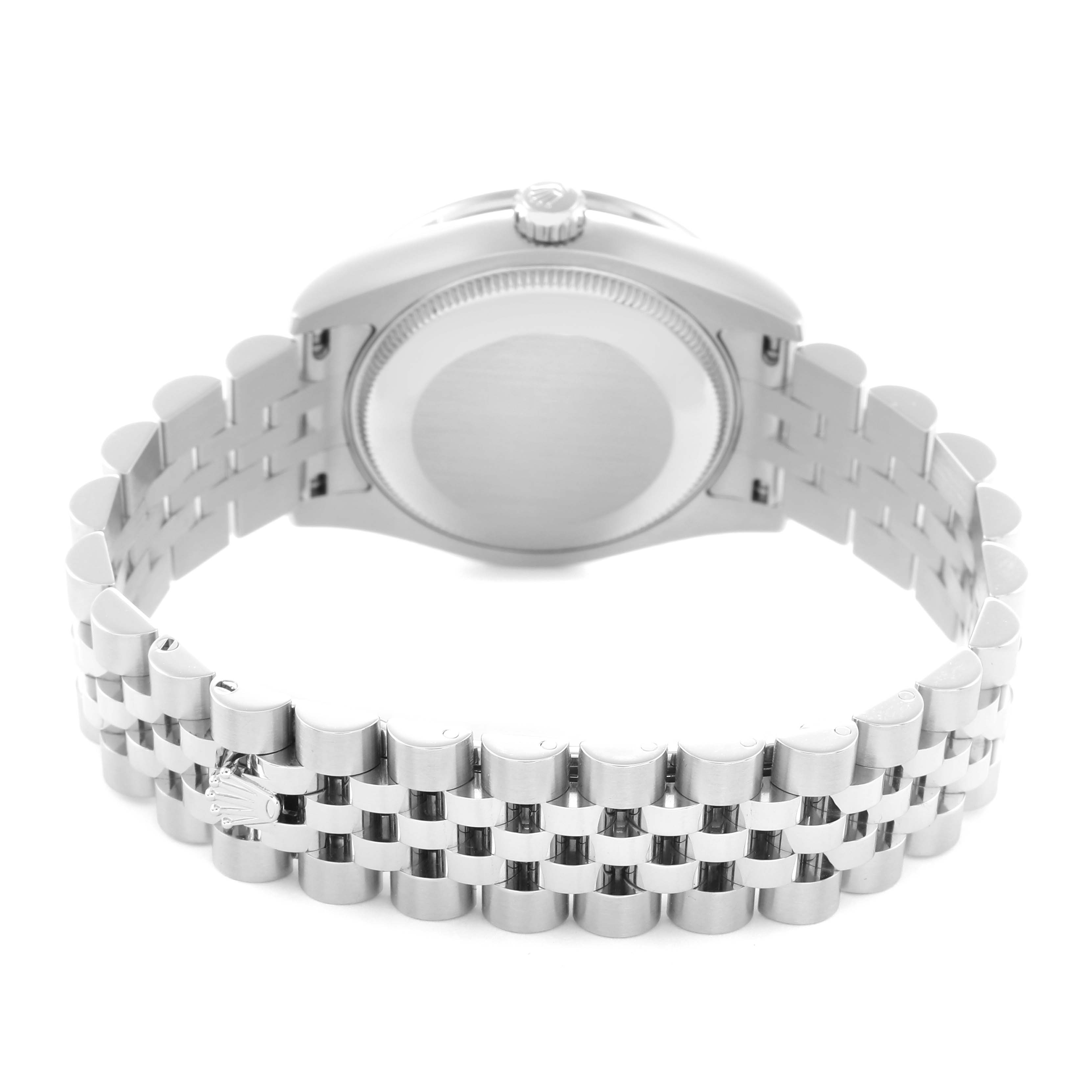 The image shows a rear view of a Rolex Mid-Size 178384 Women
s Stainless Steel Purple Dial 178384 Women
s Stainless Steel Purple Dial watch, highlighting the case back and Jubilee bracelet.