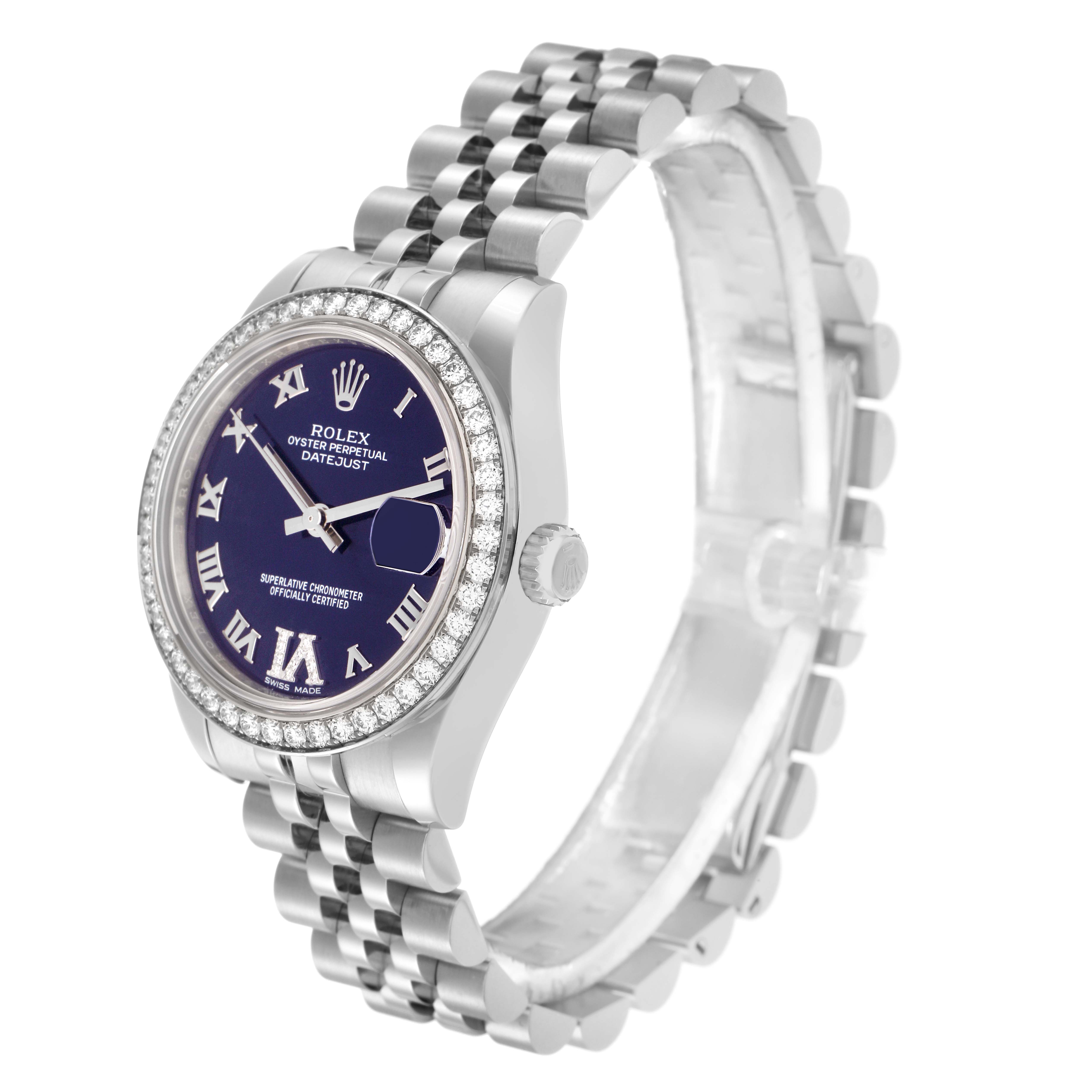 The Rolex Datejust Mid-Size watch is shown from an angled side view, displaying the dial, bezel, crown, and bracelet.