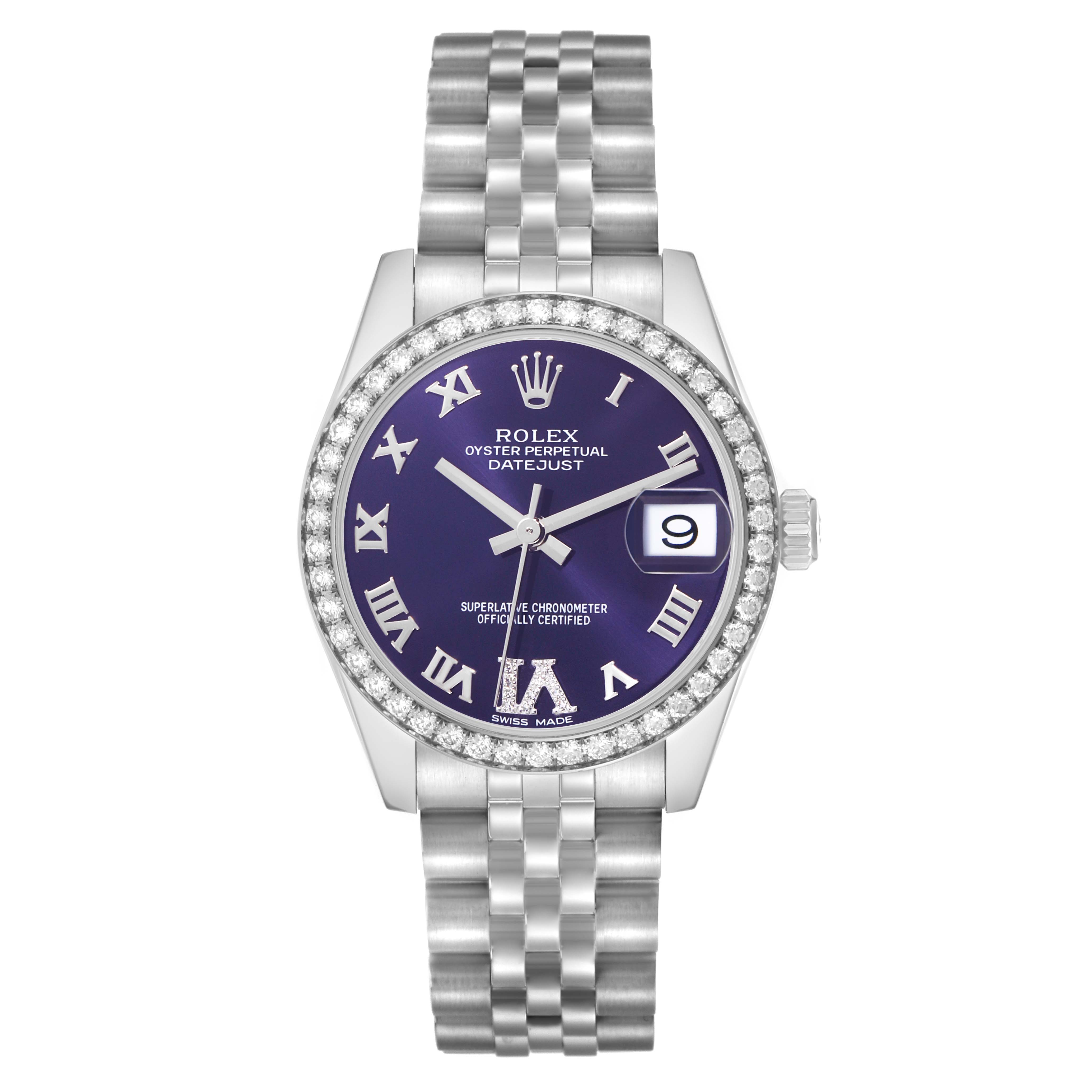 The Rolex Mid-Size 178384 Women
s Stainless Steel Purple Dial 178384 Women
s Stainless Steel Purple Dial watch is shown from a top view, displaying the dial, bezel, bracelet, and date window.