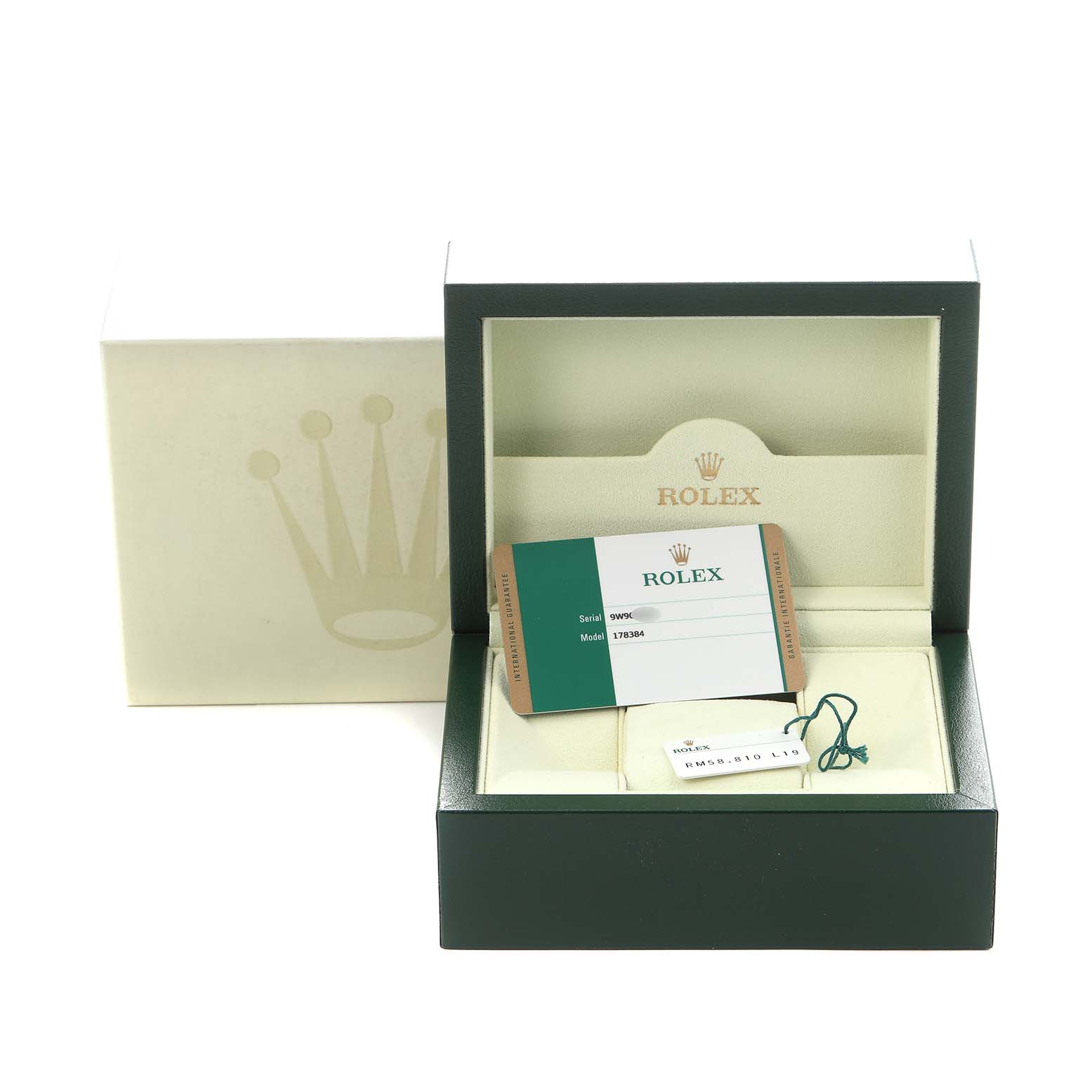 The image shows a Rolex Mid-Size 178384 Women
s Stainless Steel Purple Dial 178384 Women
s Stainless Steel Purple Dial watch box with warranty card and accessory tag inside.