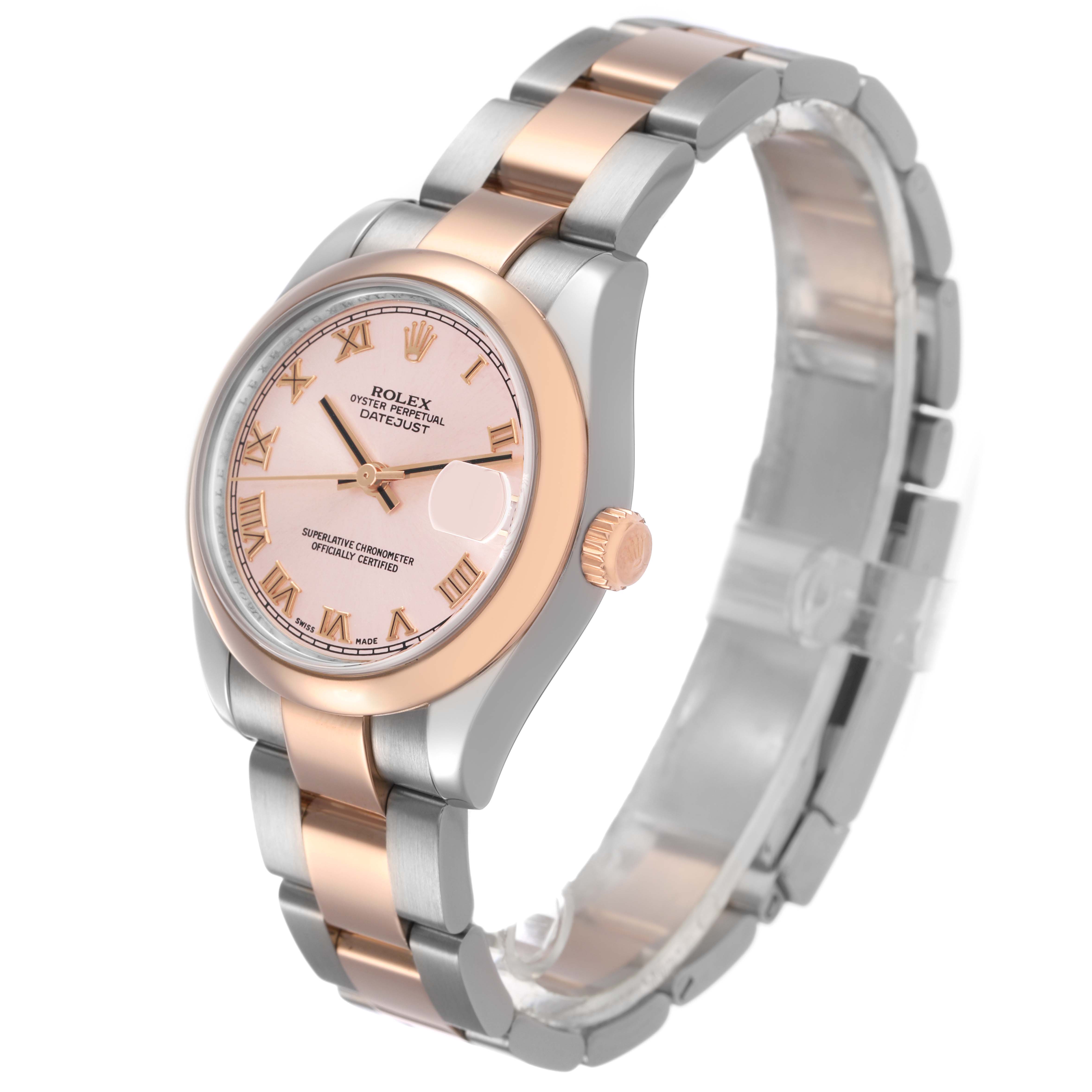 This Rolex Mid-Size 178241 Women's Steel and Gold (two tone) Pink Dial Datejust watch is shown at a three-quarter angle, highlighting the face, bezel, crown, and bracelet.