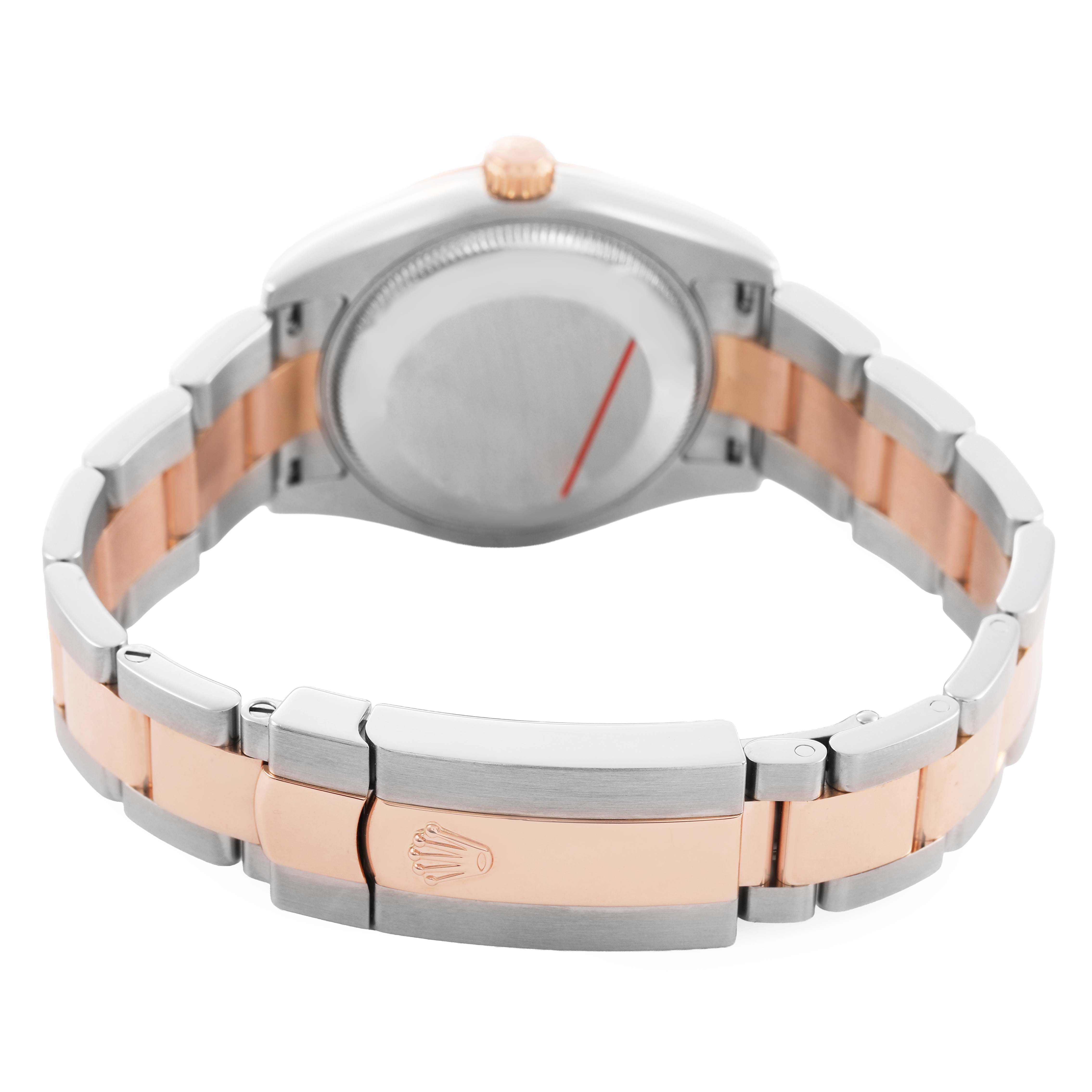 The image shows the back view of a Mid-Size Rolex watch, highlighting the bracelet and clasp.