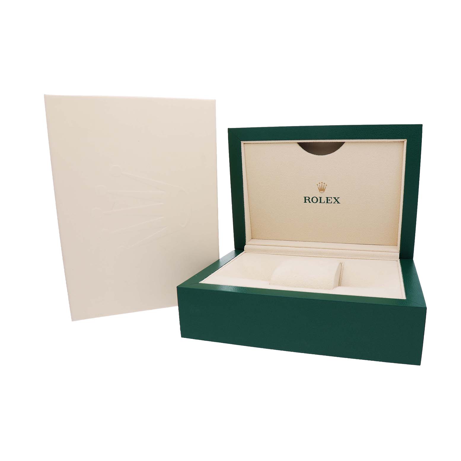 The image shows an open Rolex Mid-Size 178241 Women's Steel and Gold (two tone) Pink Dial watch box from an angled view with the brand logo inside.