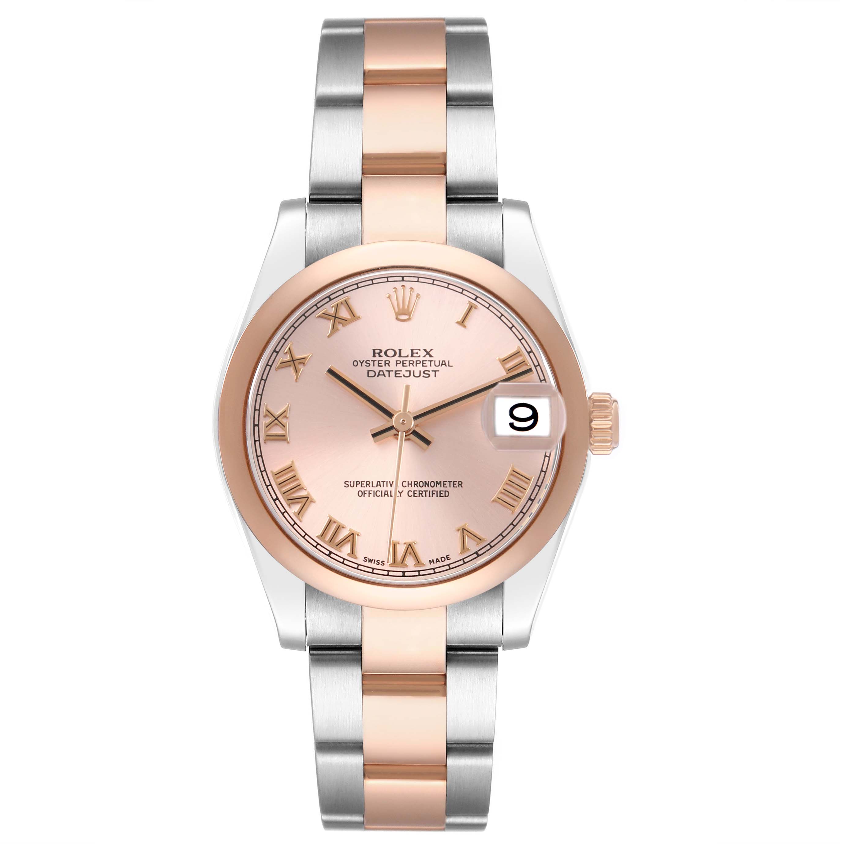 The Rolex Mid-Size 178241 Women's Steel and Gold (two tone) Pink Dial Datejust is shown from a top-down angle, highlighting the dial, bezel, and bracelet.