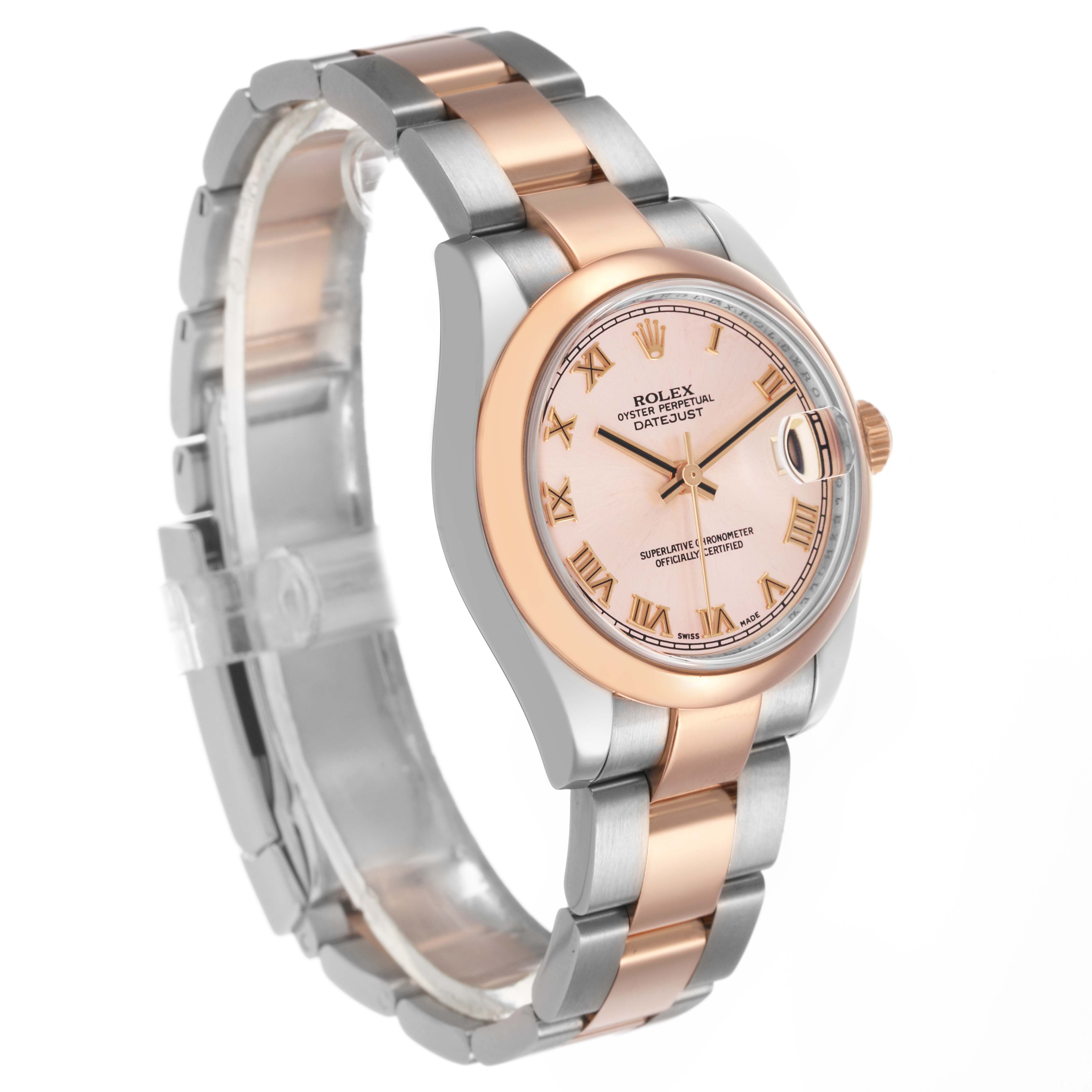 The Rolex Mid-Size 178241 Women's Steel and Gold (two tone) Pink Dial watch is shown at a three-quarter angle, highlighting its rose gold and silver bracelet and face with Roman numerals.
