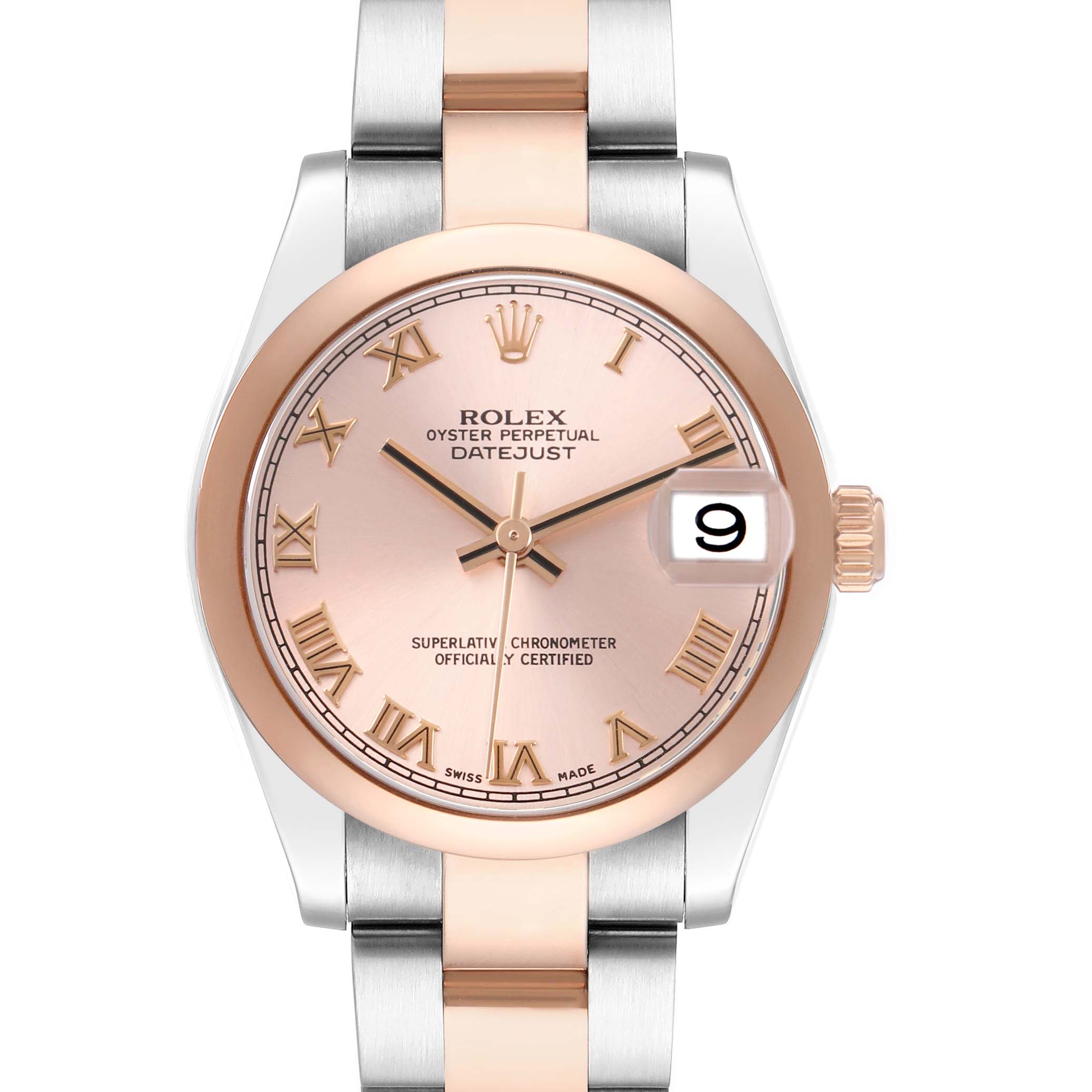 The Rolex Mid-Size 178241 Women's Steel and Gold (two tone) Pink Dial Datejust is shown from a front angle, highlighting the watch face, bezel, and partial bracelet.