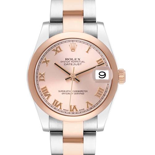The Rolex Datejust Mid-Size watch is shown from a front angle, highlighting the dial, bezel, crown, and bracelet.