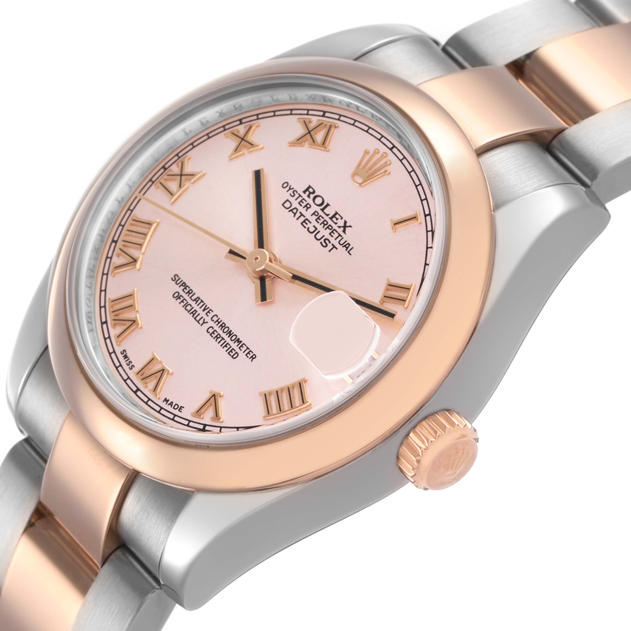 The Rolex Oyster Perpetual Datejust Mid-Size watch is shown at an angle displaying the dial, bezel, crown, and part of the bracelet.