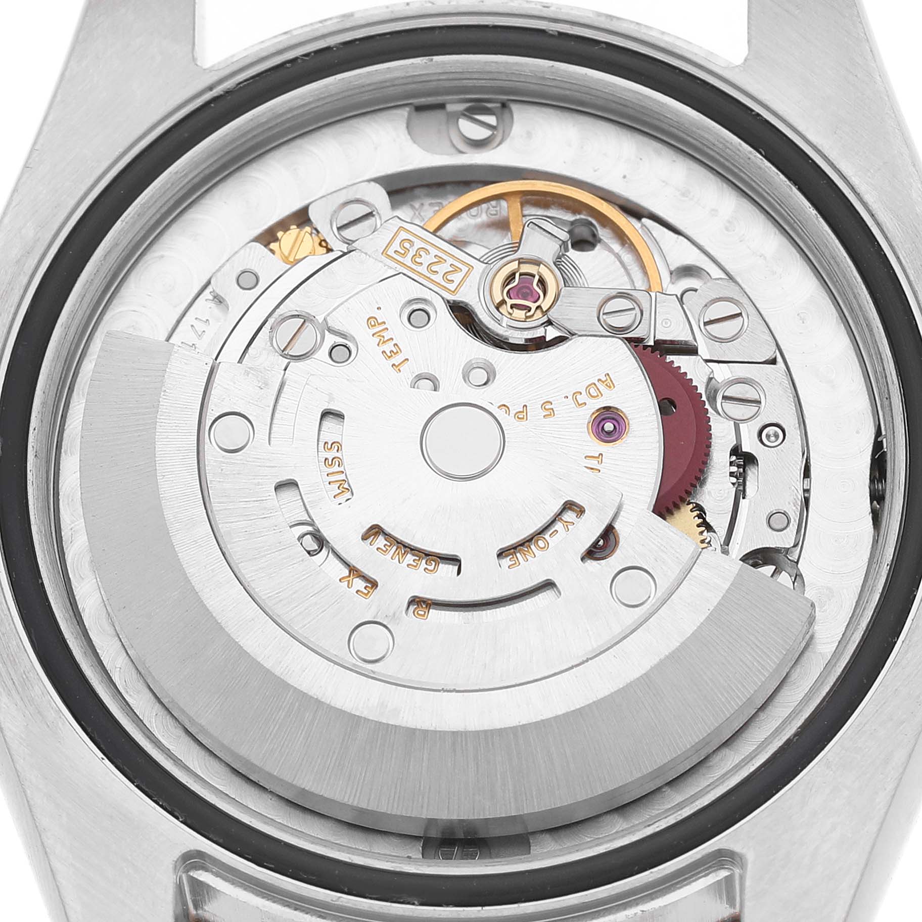 The image shows the movement mechanism of a Rolex Mid-Size 178241 Women's Steel and Gold (two tone) Pink Dial watch from the back, highlighting the rotor and gears.